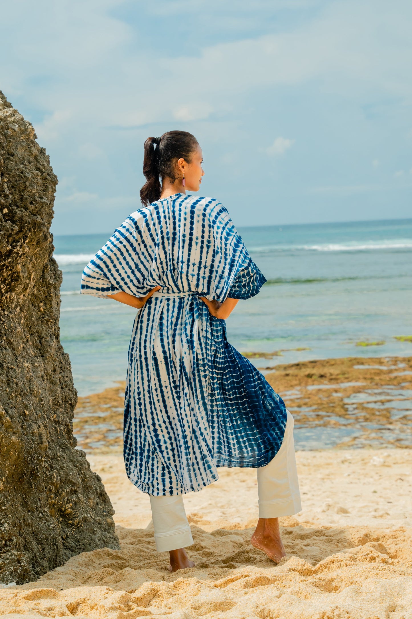 Navy white bone tie dye kimono styled outfit shot back view