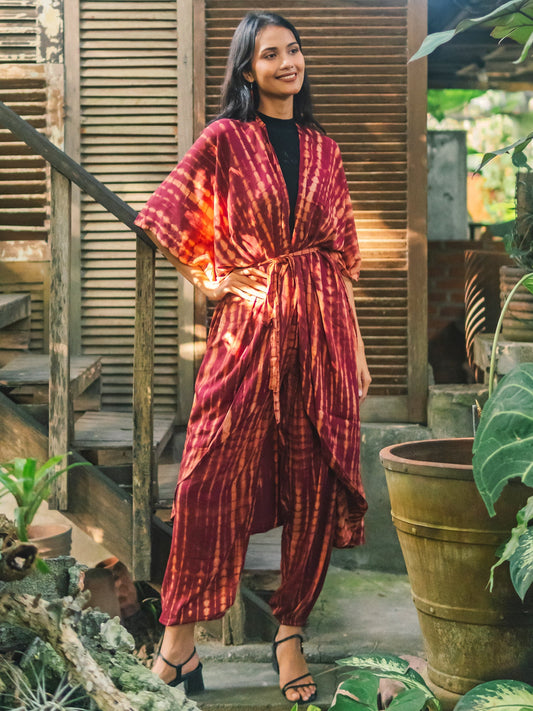 Maroon and gold tie dye long kimono Bali handmade boho beach cover up