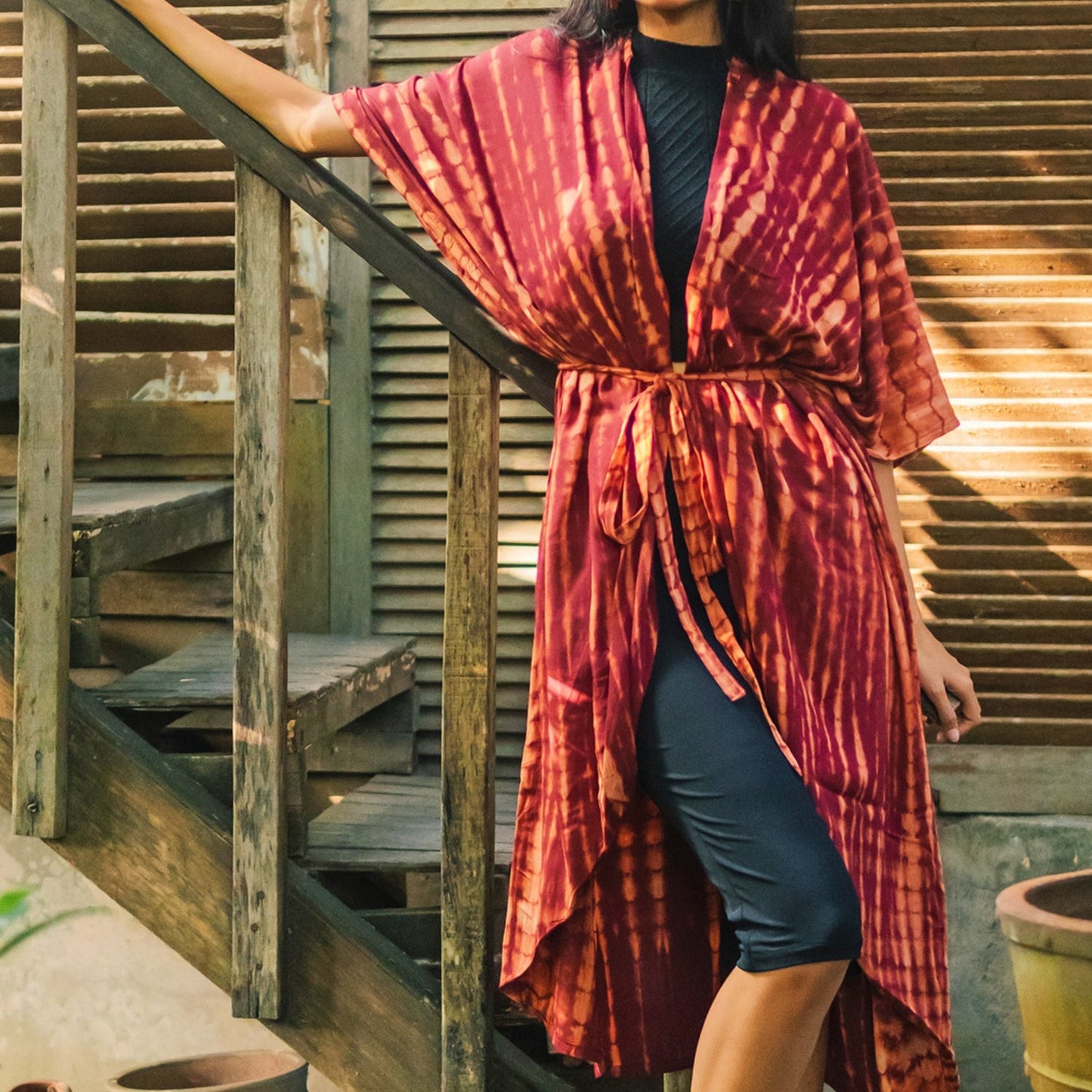 Maroon gold tie dye kimono open front women's beach coverup
