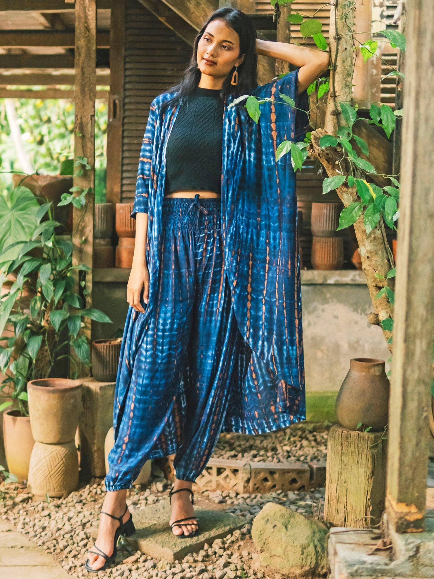 Dark blue bone tie dye Bali pants open waist beach resort wear