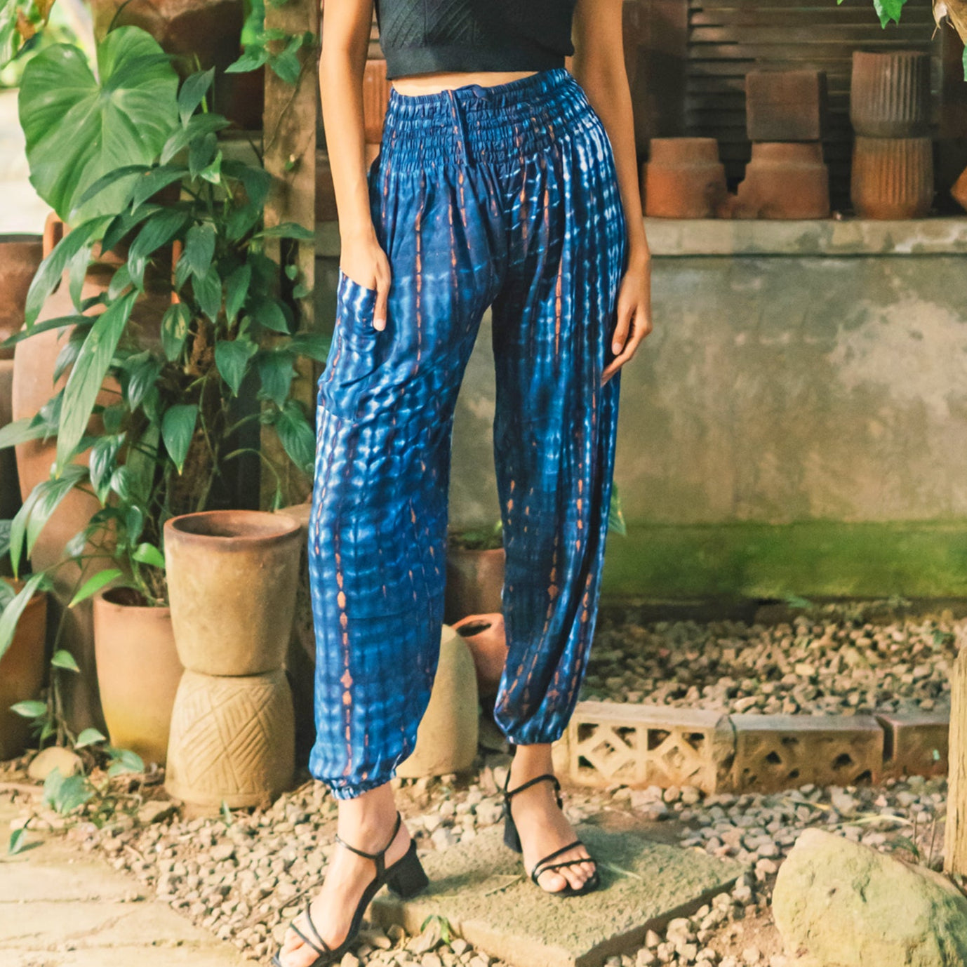Handmade dark blue bone tie dye Bali pants fabric texture close up