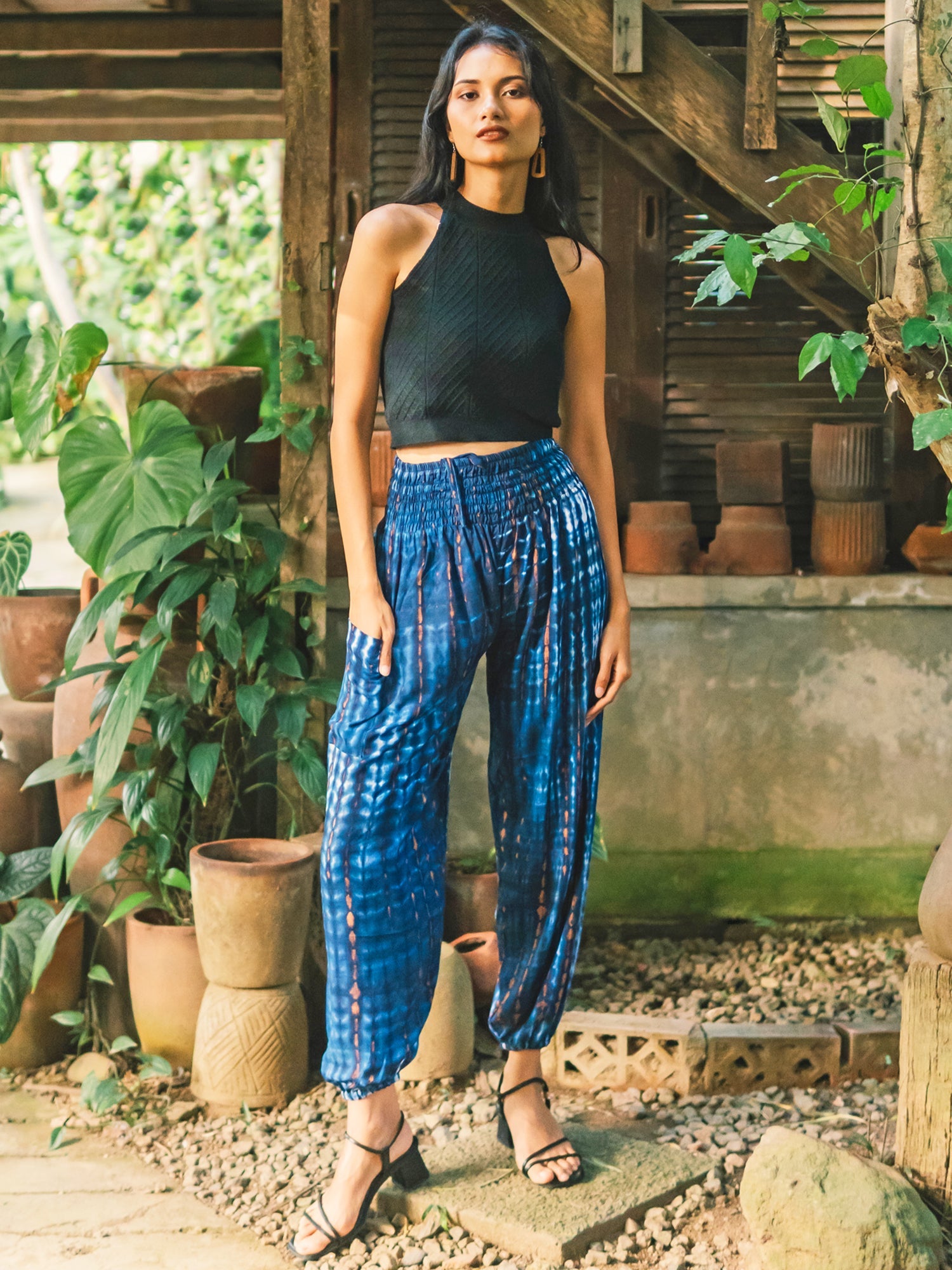 Dark blue bone tie dye Bali pants handmade boho women's trousers
