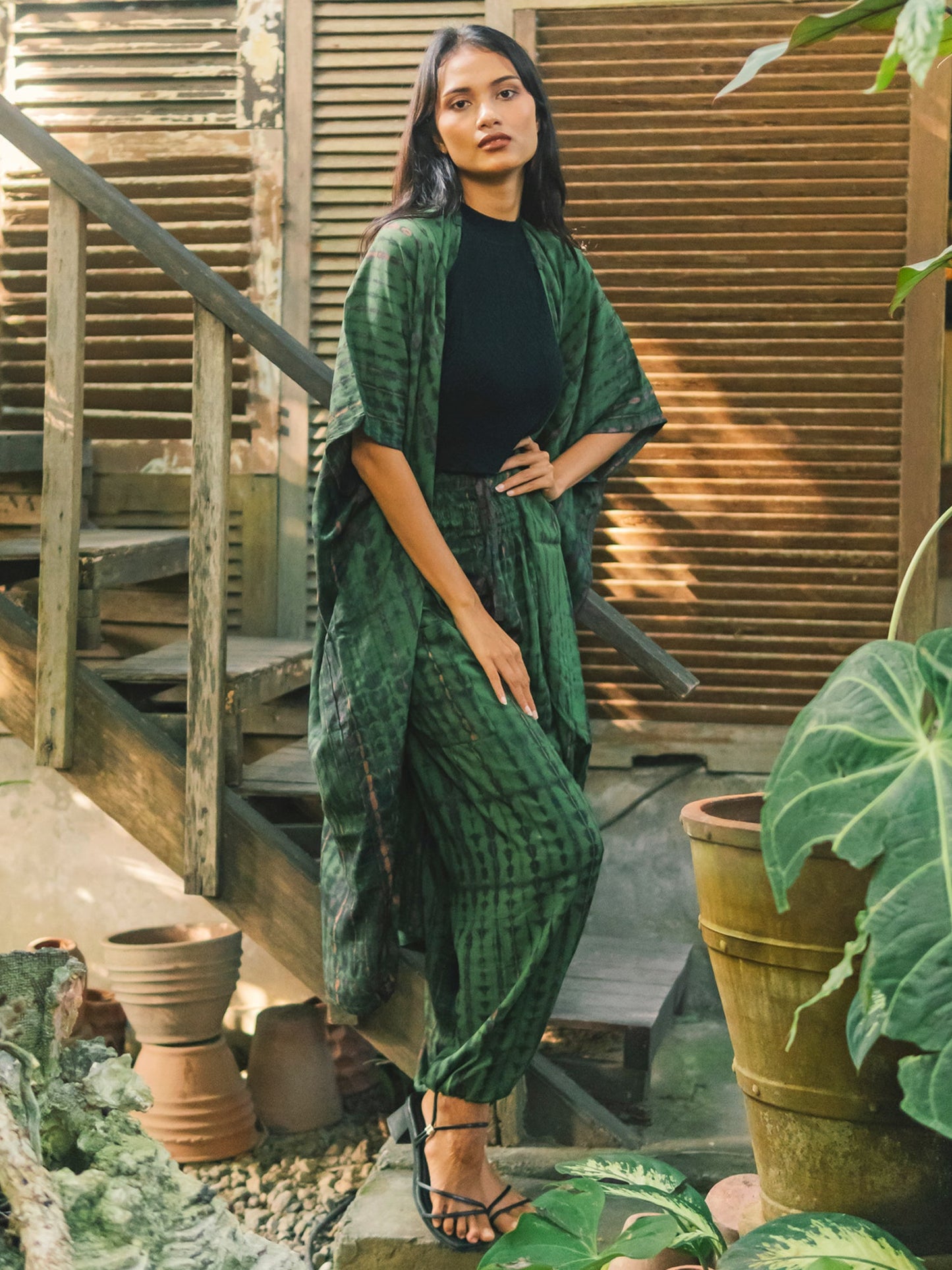 Green and gold tie dye kimono with matching bali pants