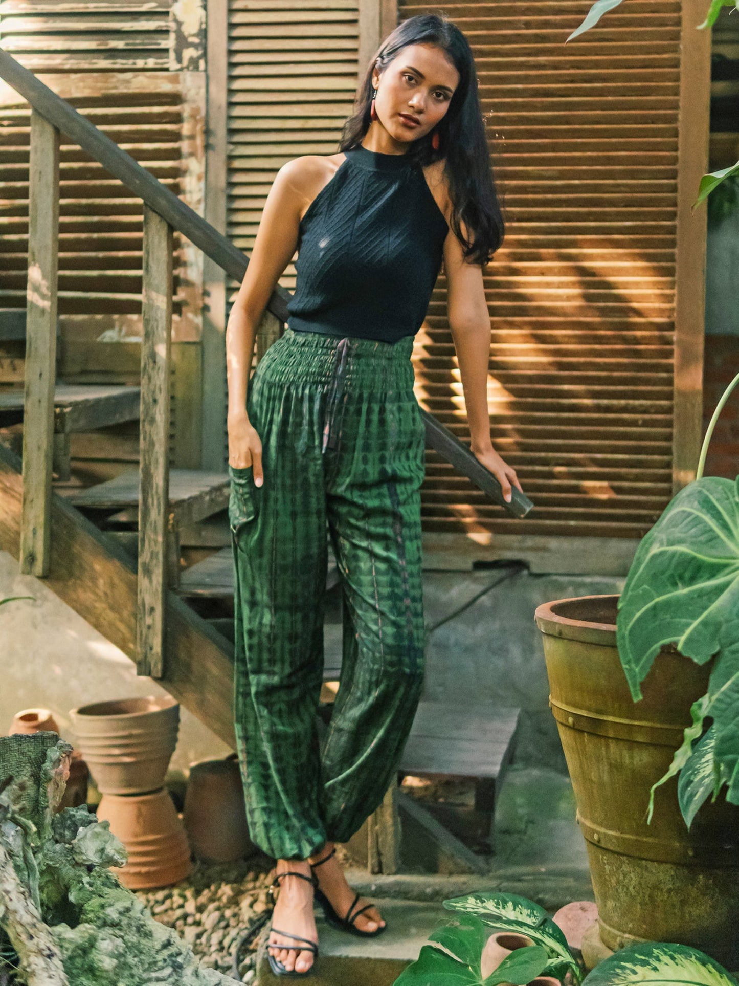 Green bone tie dye Bali pants open waist resort wear
