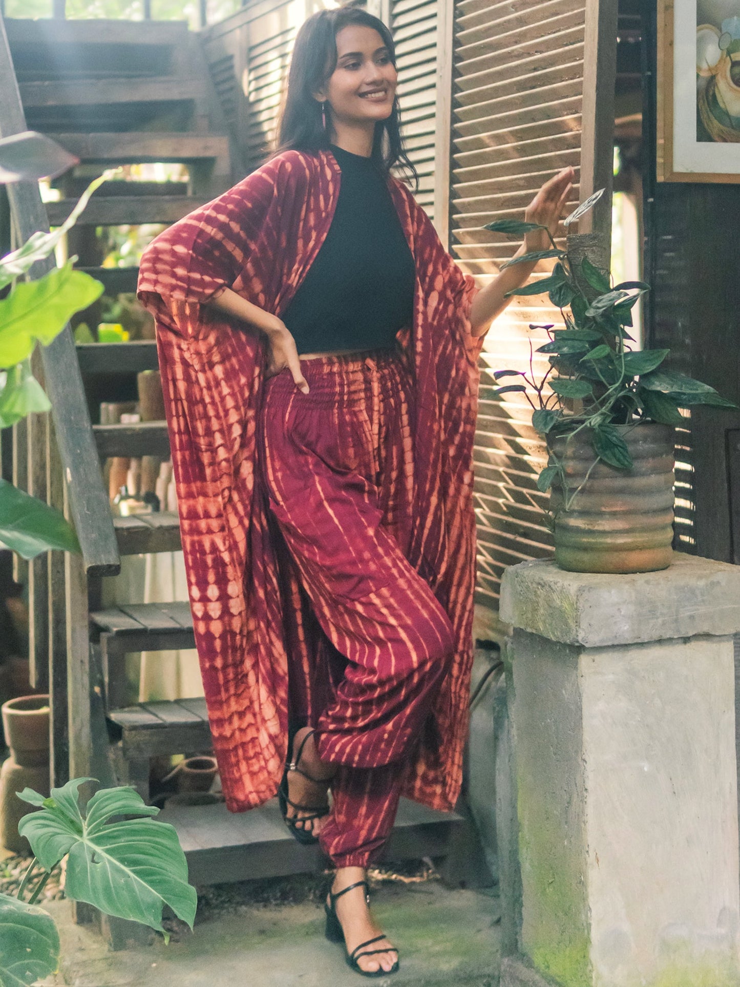 Handmade maroon gold bone tie dye Bali pants with matching kimono