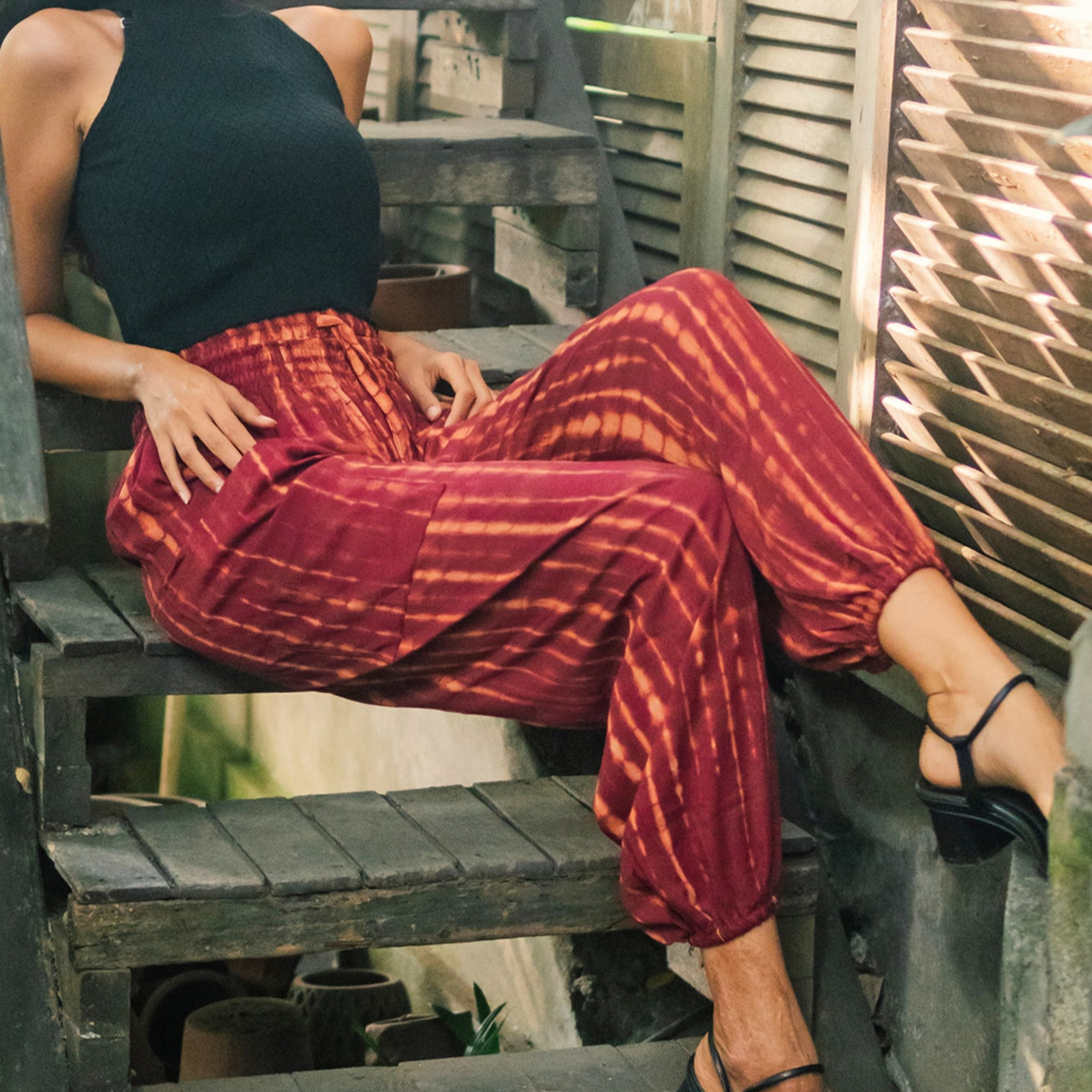 Maroon and gold bone tie dye Bali pants handmade boho women's trousers