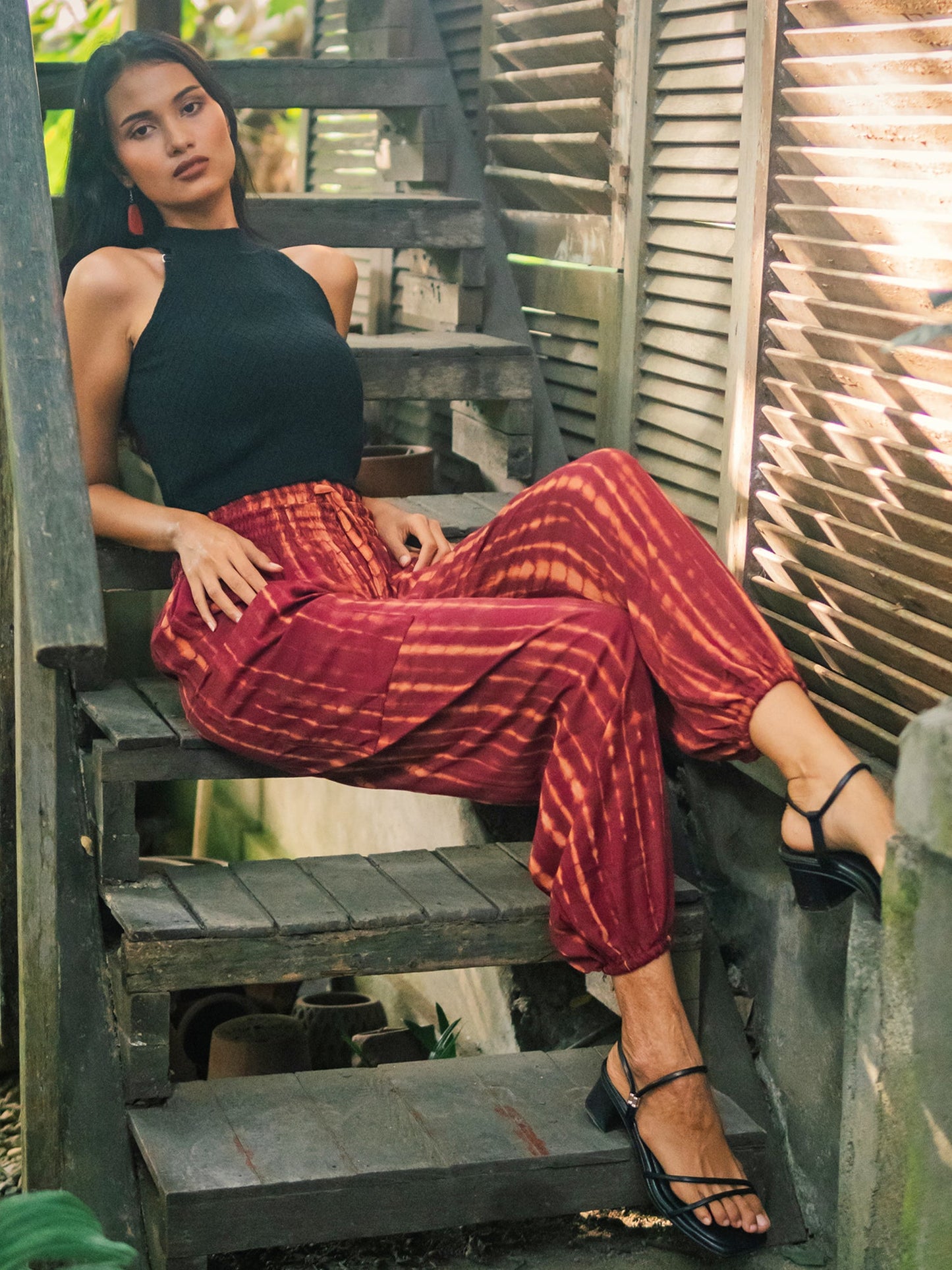 Maroon gold bone tie dye Bali pants open waist beach resort wear