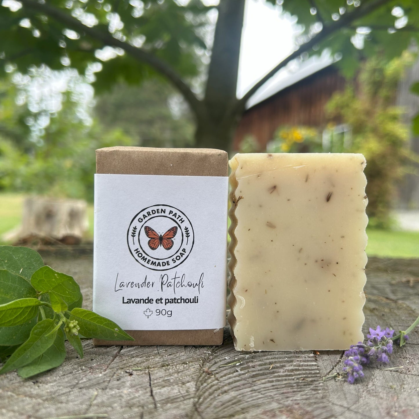 Lavender patchouli natural bar soap handmade in Canada — cold process soap with real lavender buds, chemical-free, 90g
