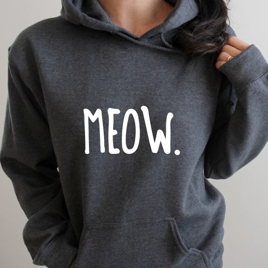 Women's funny cat lover hoodie with bold "MEOW" graphic print in grey