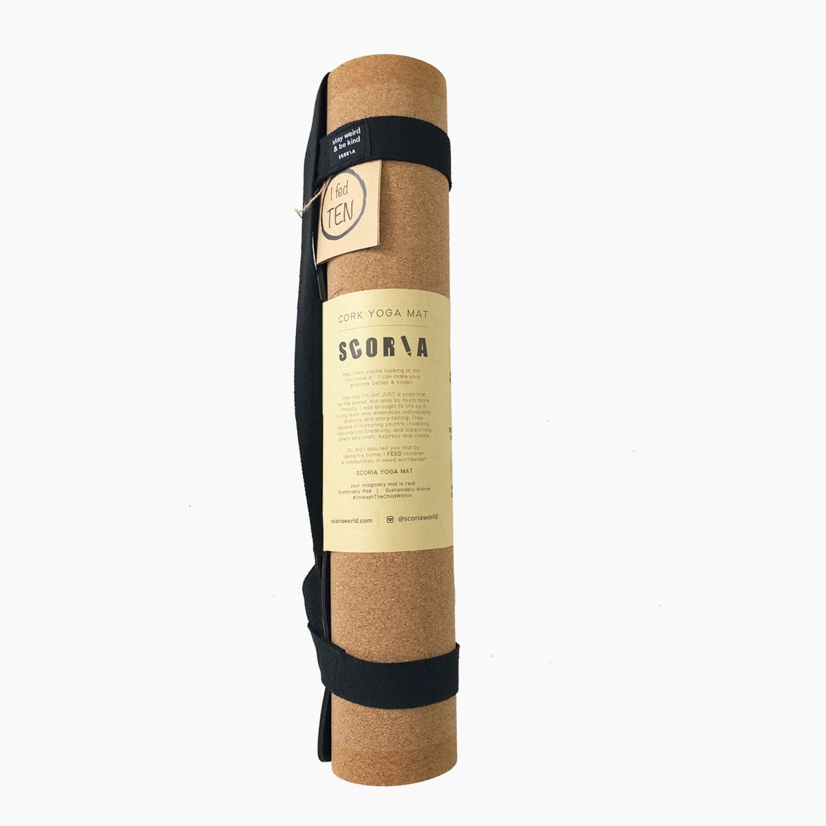 Cork yoga mat with moon phase design rolled up with a carrying strap on a white background
