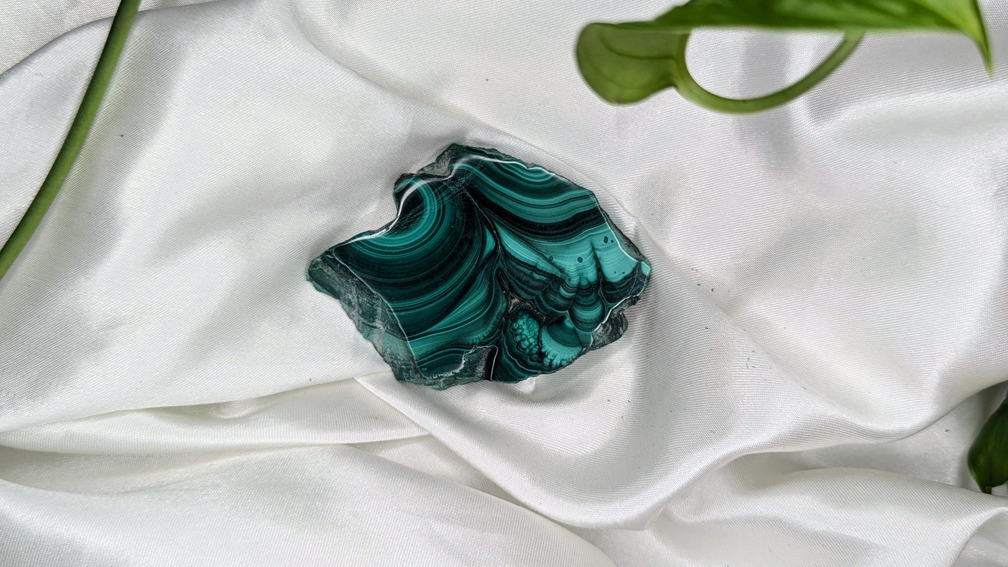 Natural malachite crystal slice close-up