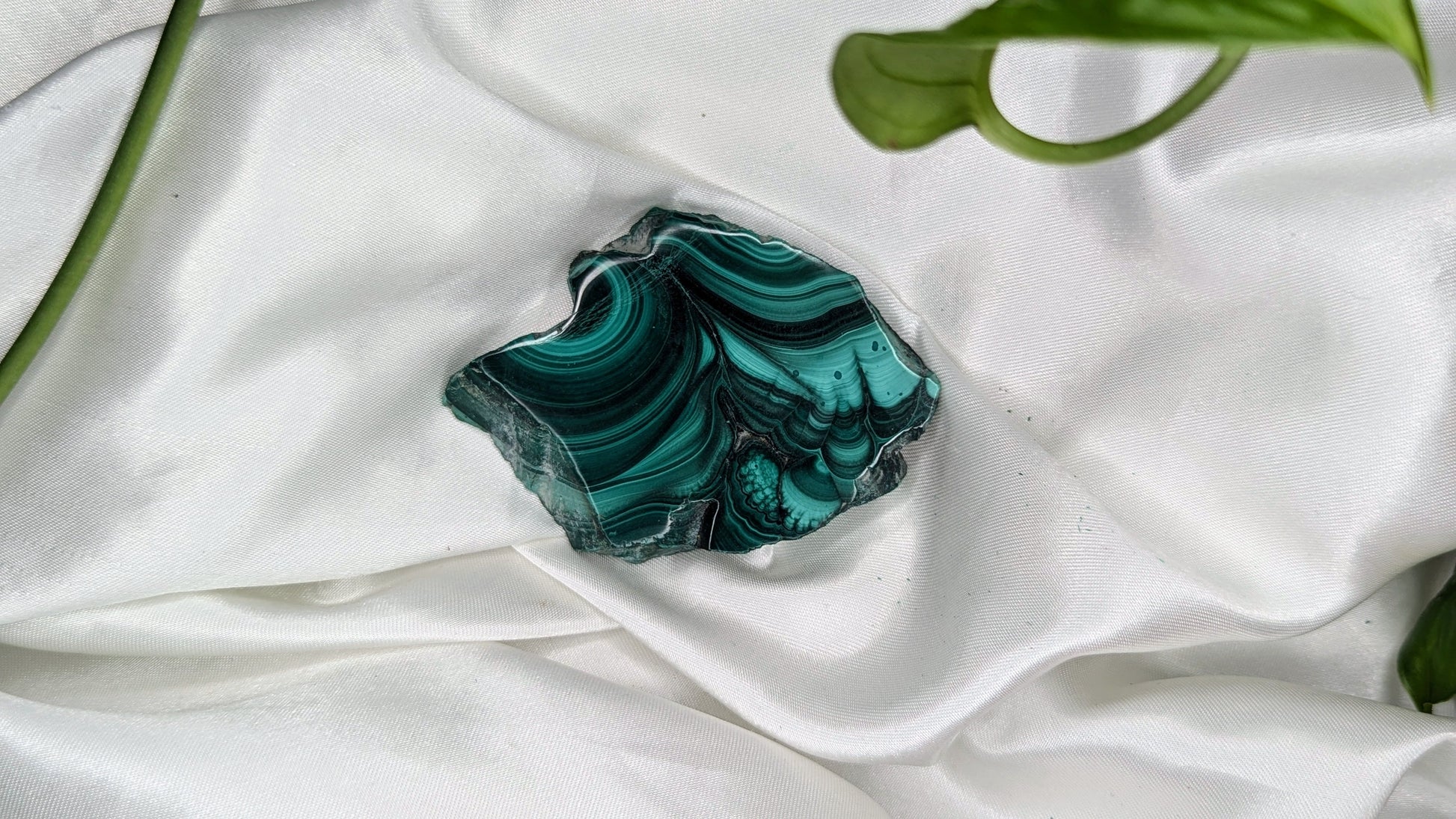 Natural malachite crystal slice close-up