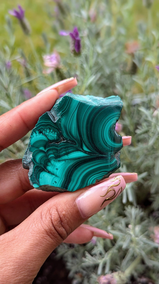 Transformative and visually stunning malachite slice for healing, protection and home decor