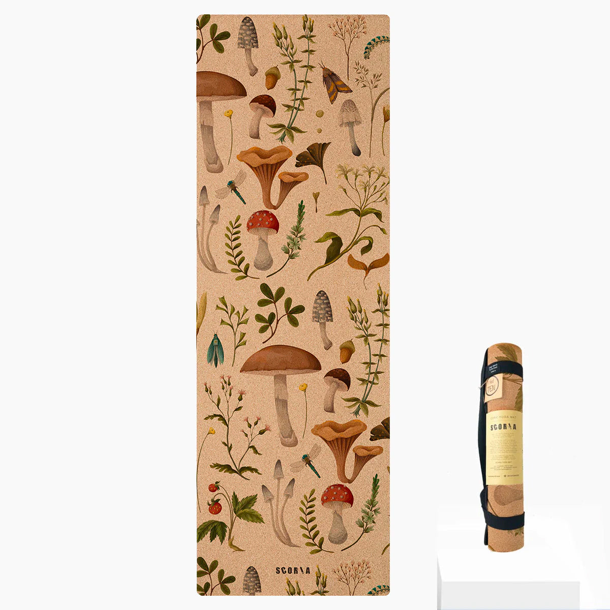 cork yoga mat with mushroom and plant design on a beige background