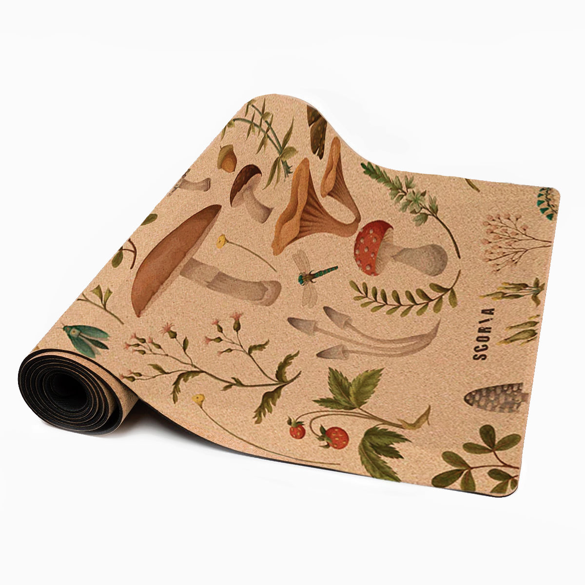 cork yoga mat with mushroom and nature pattern on a white background
