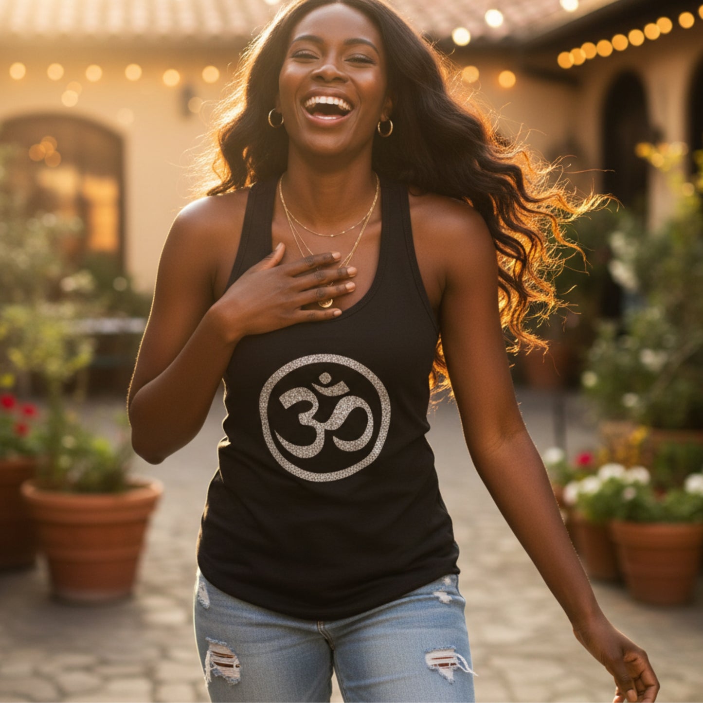 Om Symbol women's racerback tank — Hindu symbol shirt for women, mindfulness tank top for yoga lovers