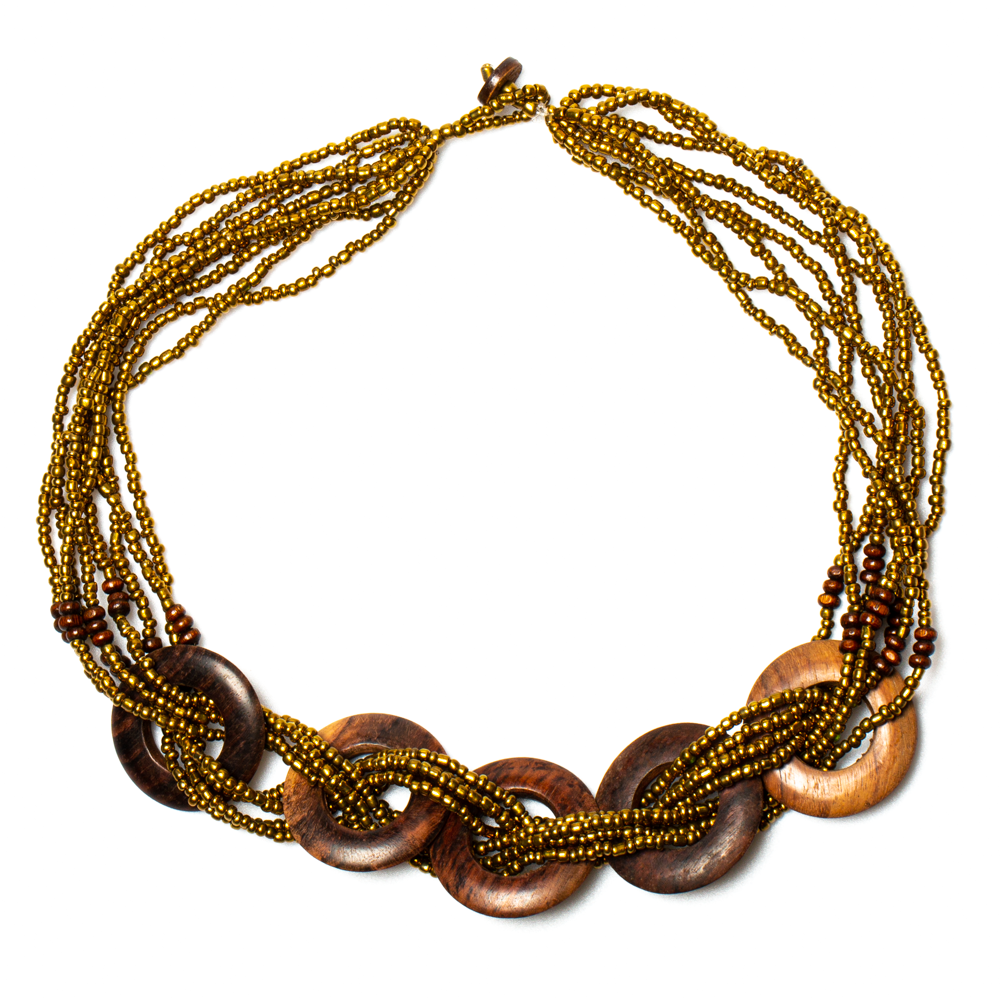 Handmade multi strand wooden ring necklace boho style gold and wood
