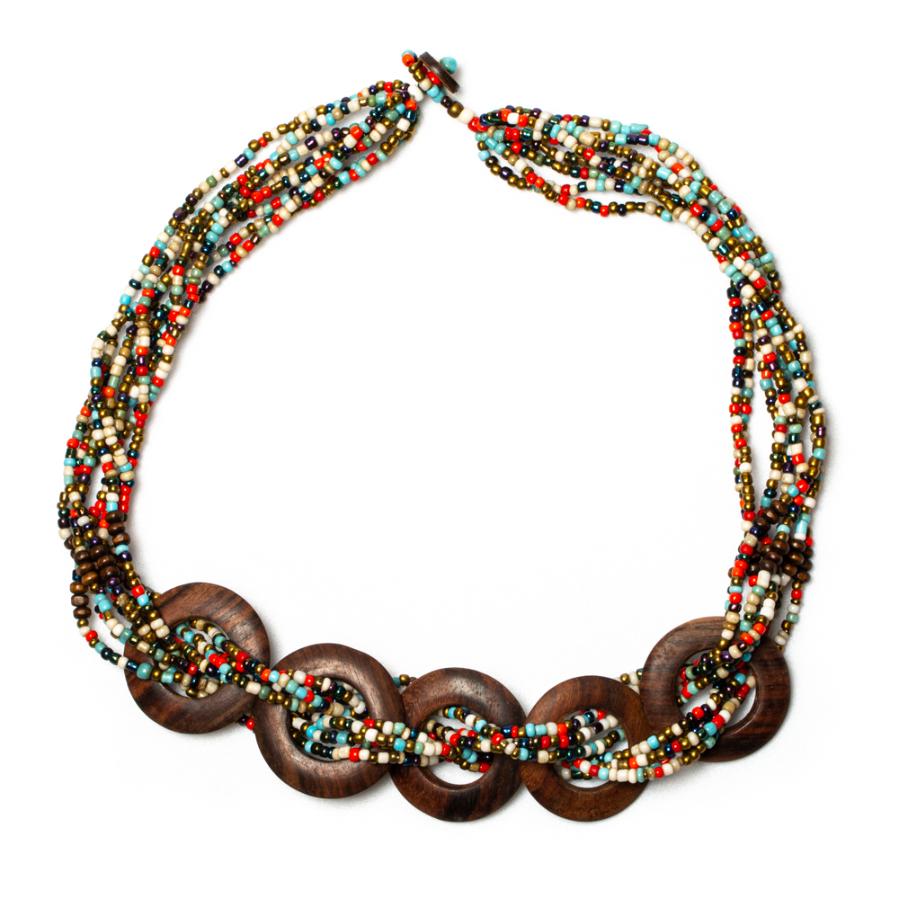 Layered wood ring pendant necklace bohemian artisan jewelry multicolor