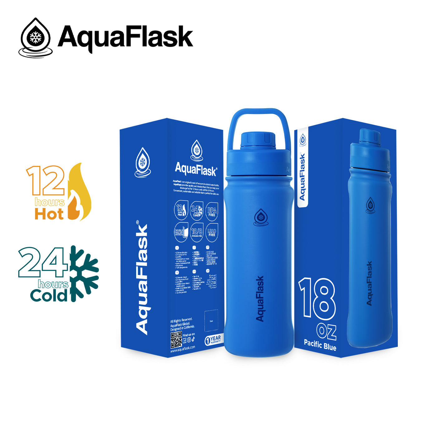 blue AquaFlask Original 18oz in bold and vibrant colour flat lay