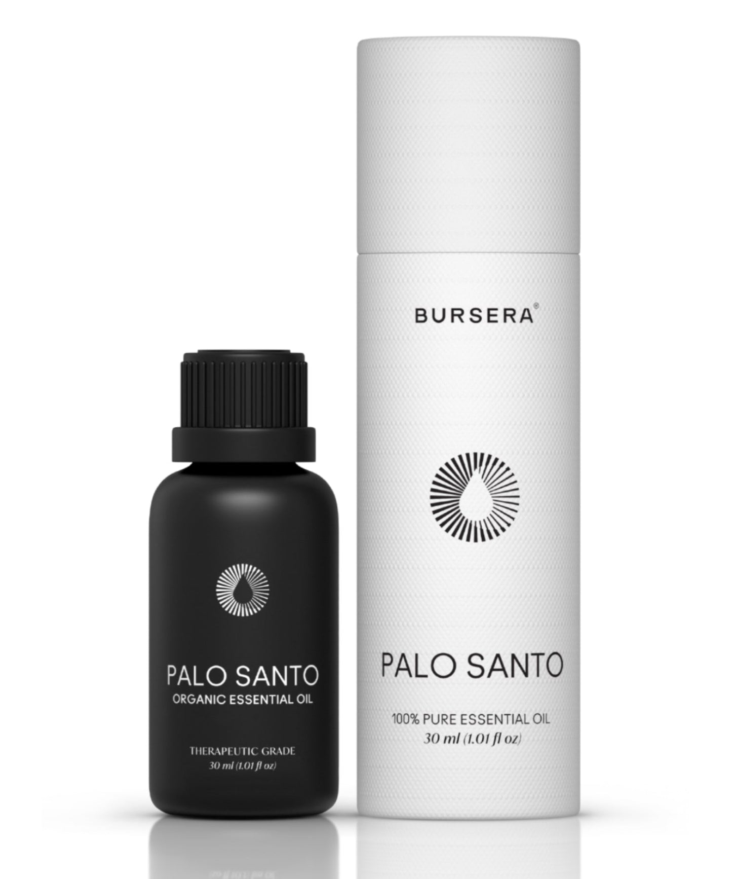organic palo santo essential oil 30ml aromatherapy Black bottle and white cylindrical container on a white background