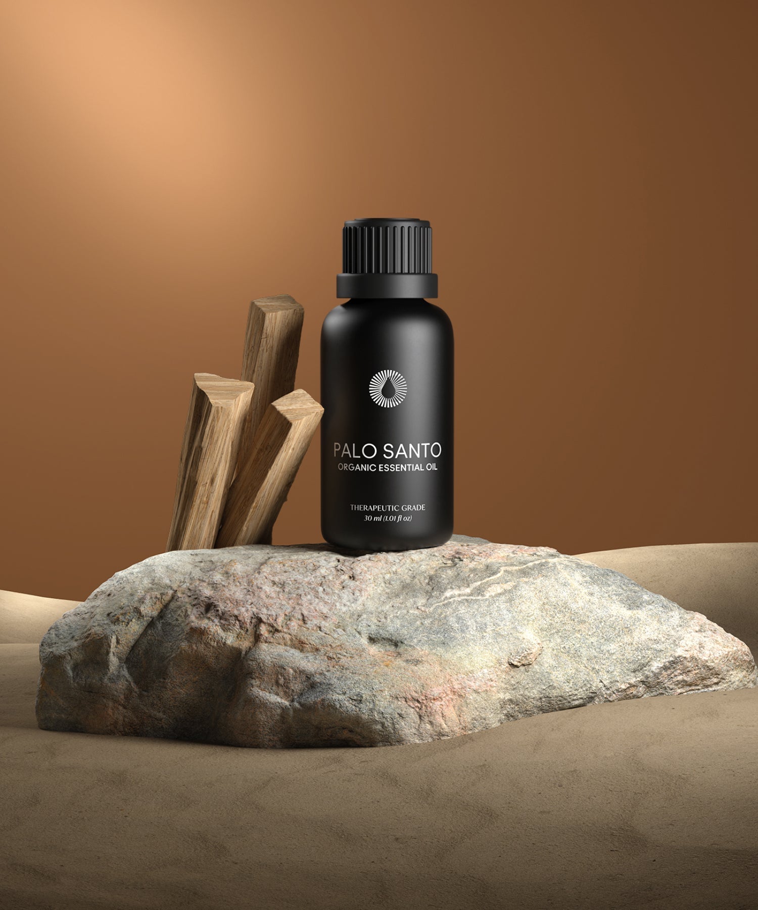 Palo Santo essential oil bottle on a rock with wooden sticks against a brown background