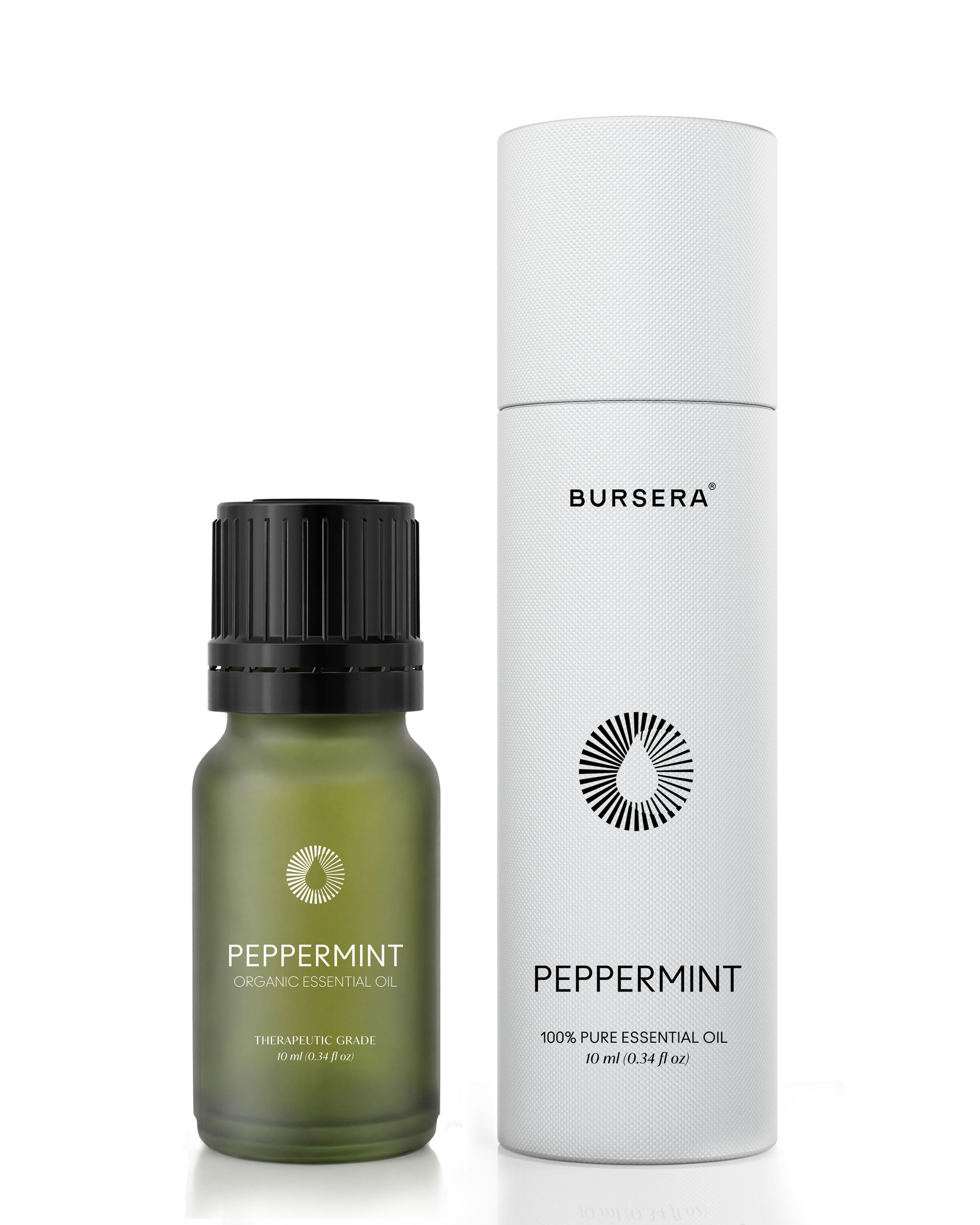 organic peppermint essential oil aromatherapy bottle and packaging on a white background