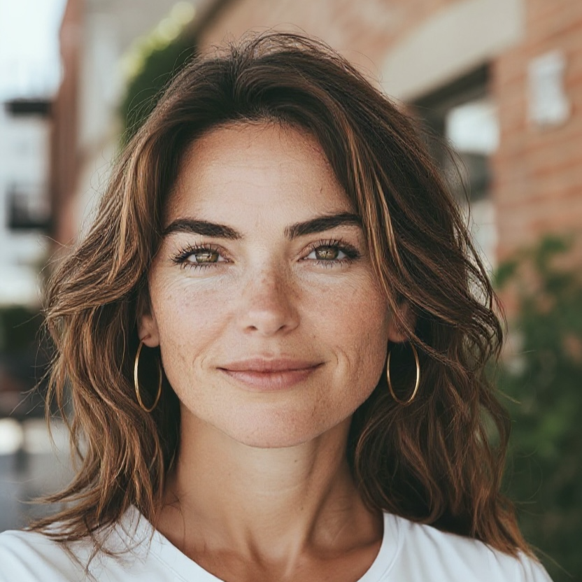 Woman with wavy brown hair wearing gold hoop earrings outdoors.