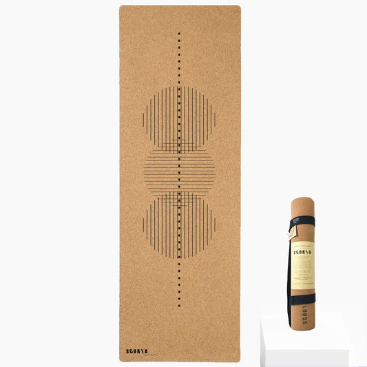 Cork yoga mat with geometric design and branding on a white background