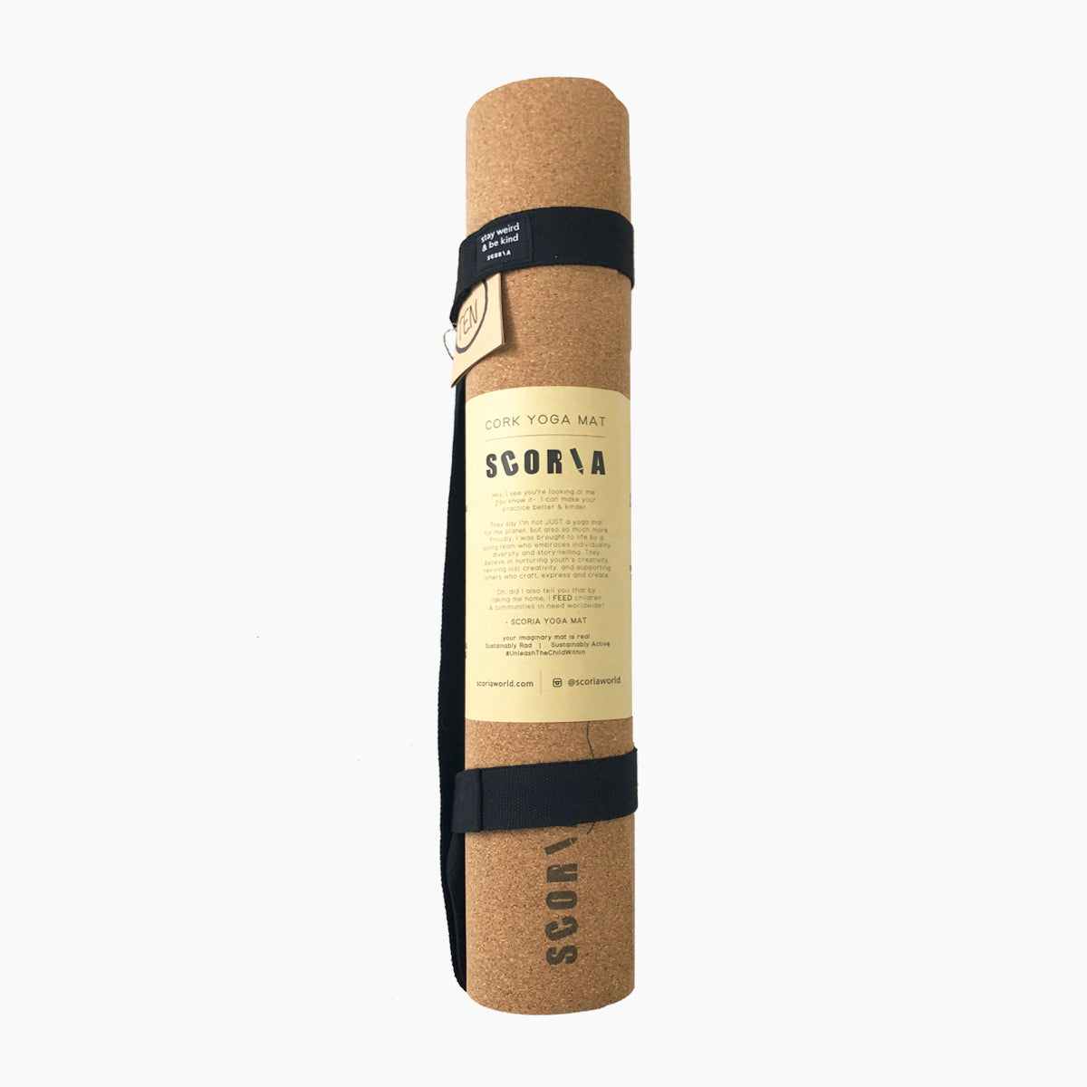 Cork yoga mat rolled-up with branding on a white background