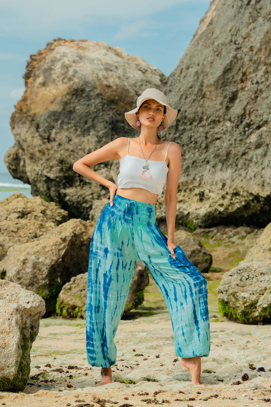 Light blue bone tie dye Bali pants open waist beach resort wear