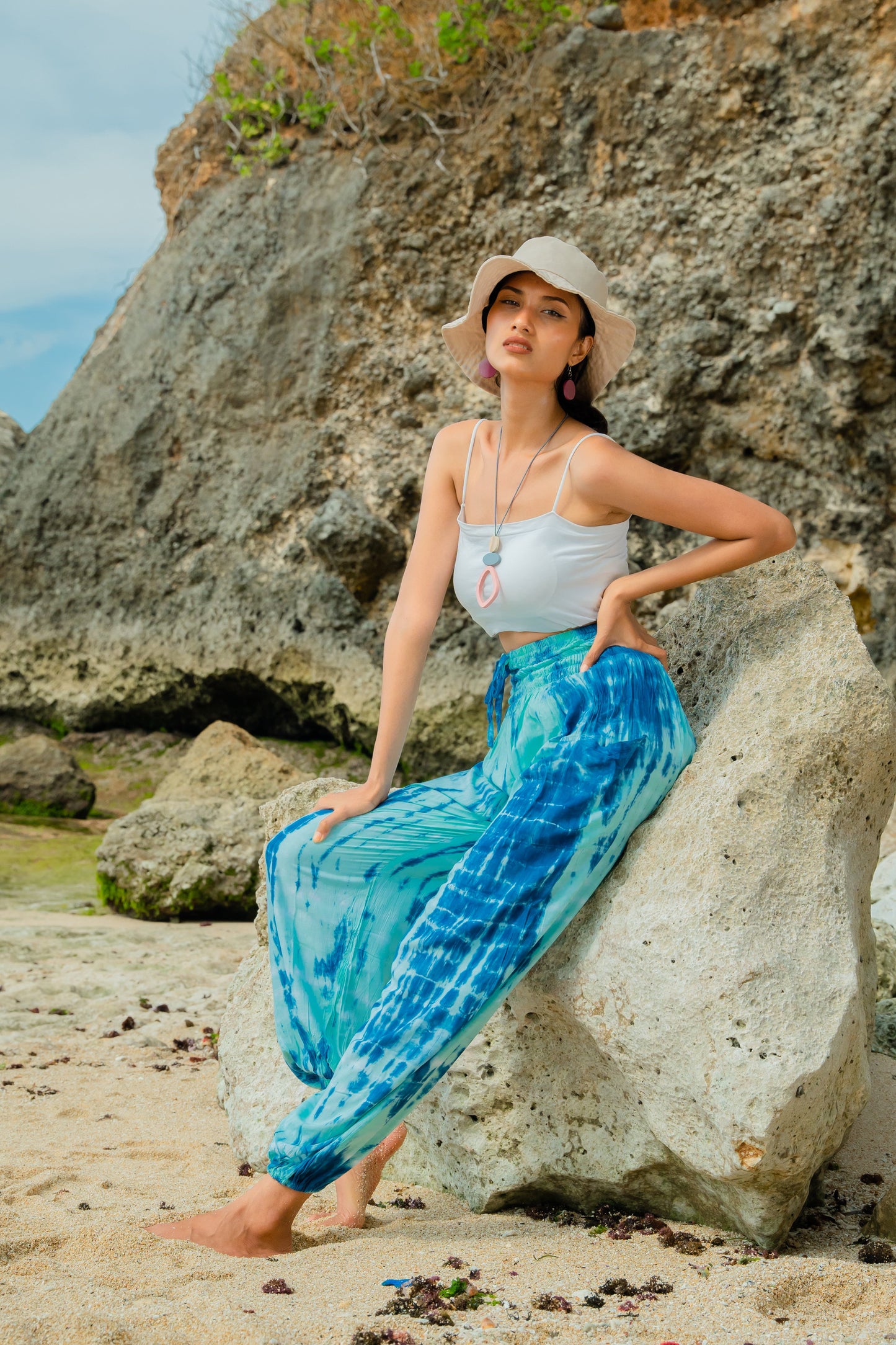 Light blue bone tie dye Bali pants side view women's festival trousers