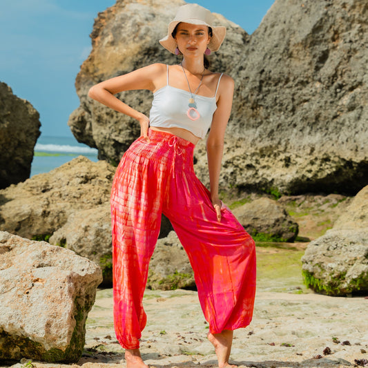 Pink bone tie dye Bali pants handmade boho women's trousers