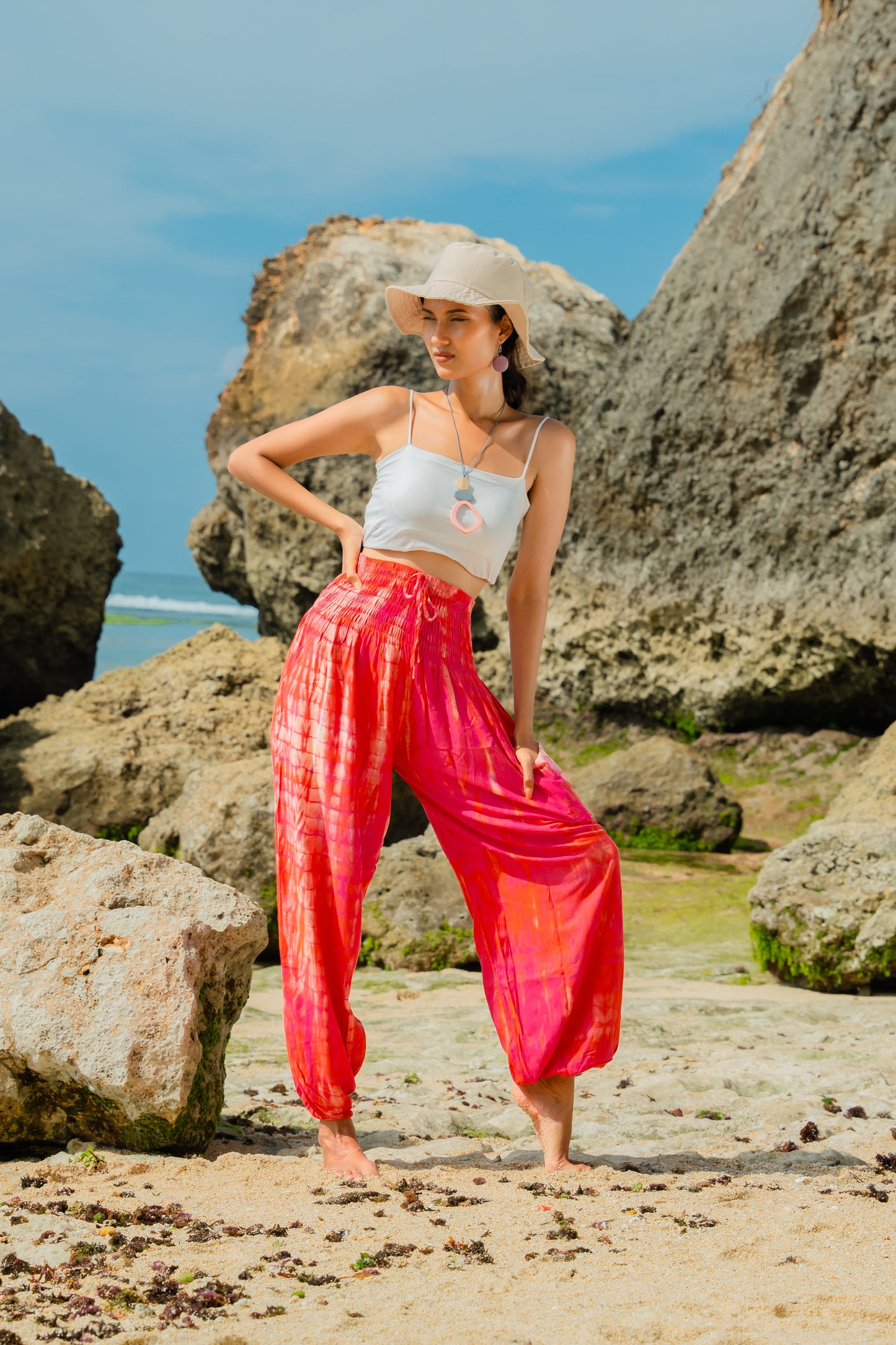 Pink bone tie dye Bali pants high waist beach resort wear
