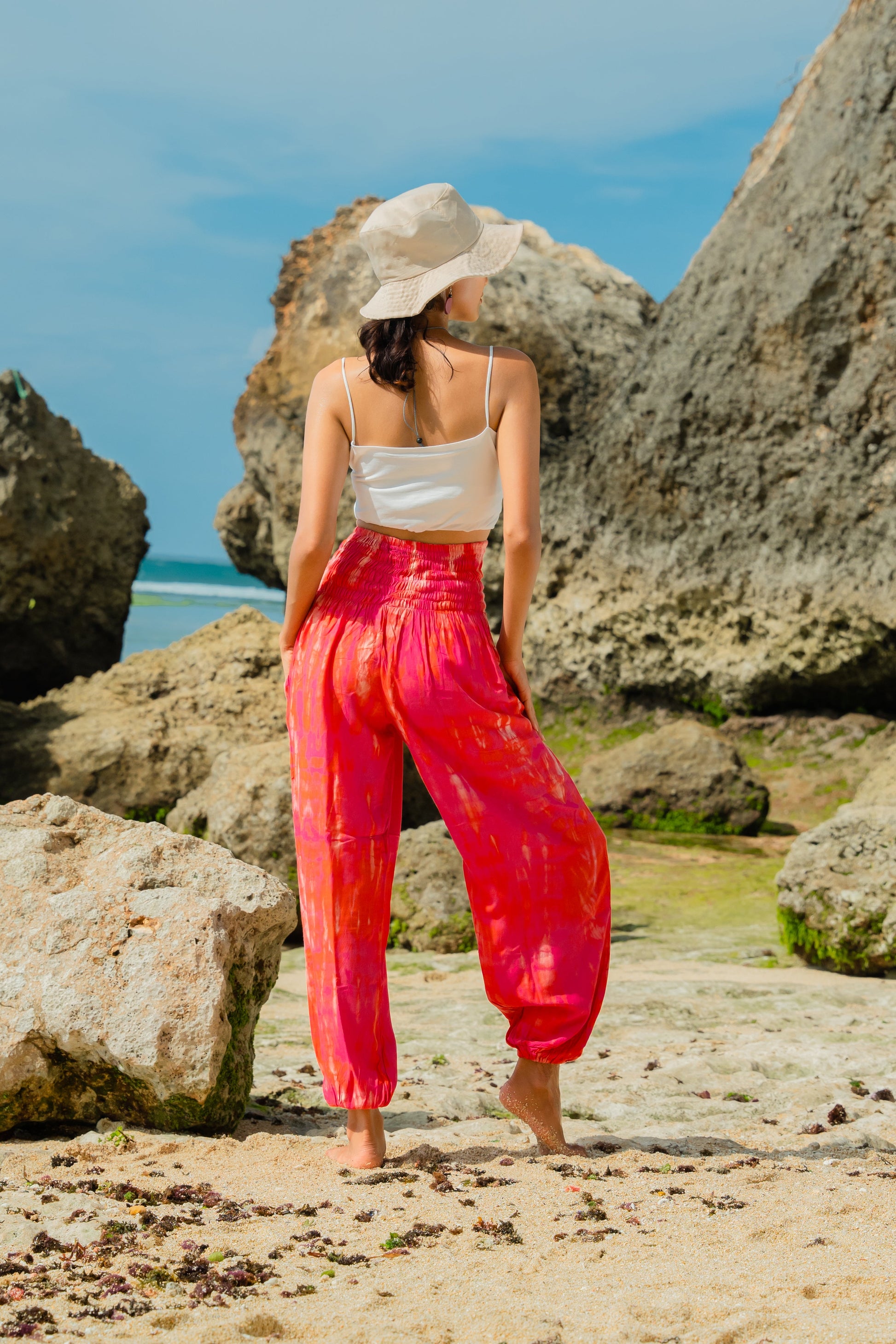 Handmade pink bone tie dye Bali pants back view boho style
