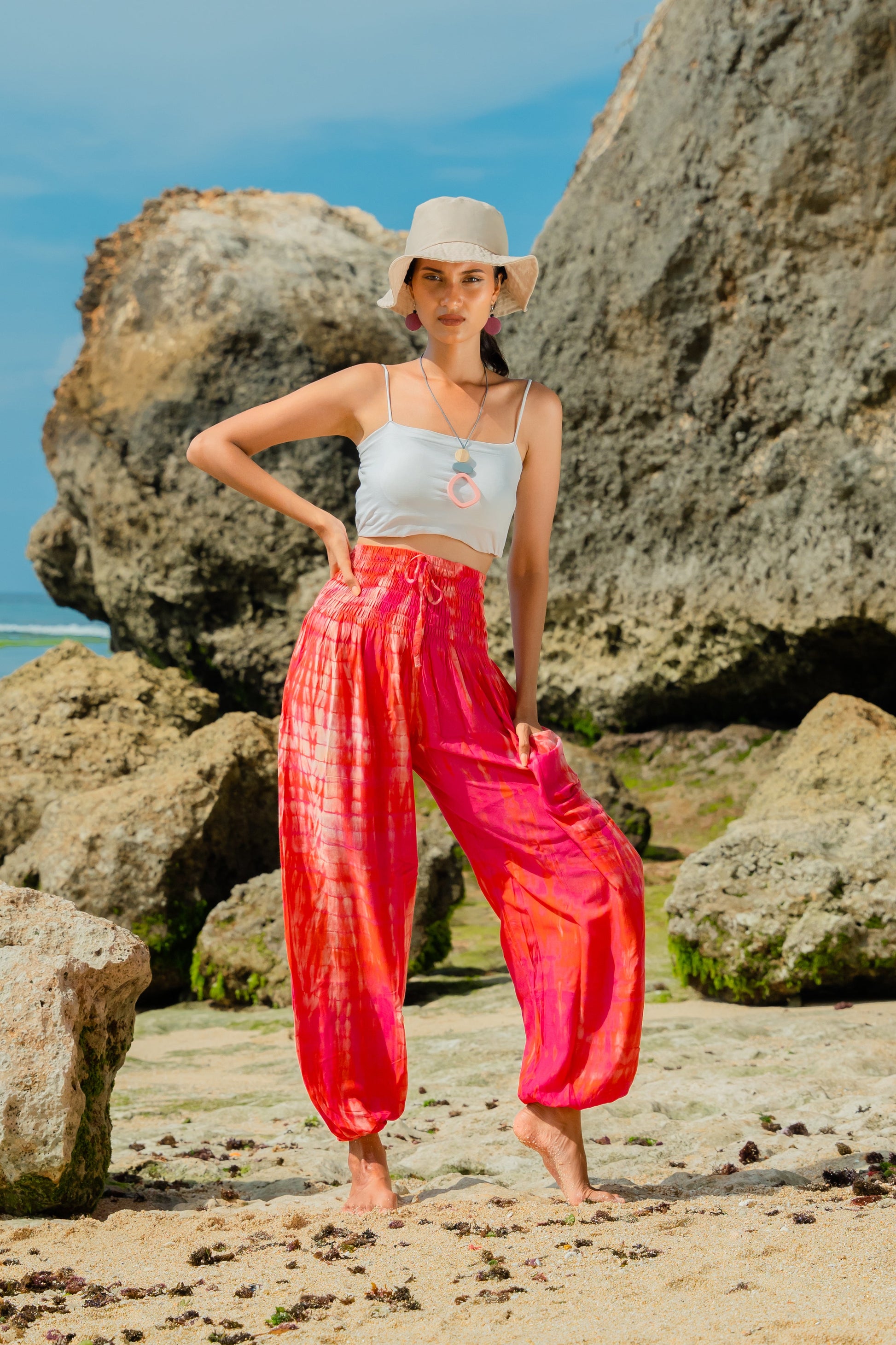 Pink bone tie dye Bali pants side view women's festival trousers