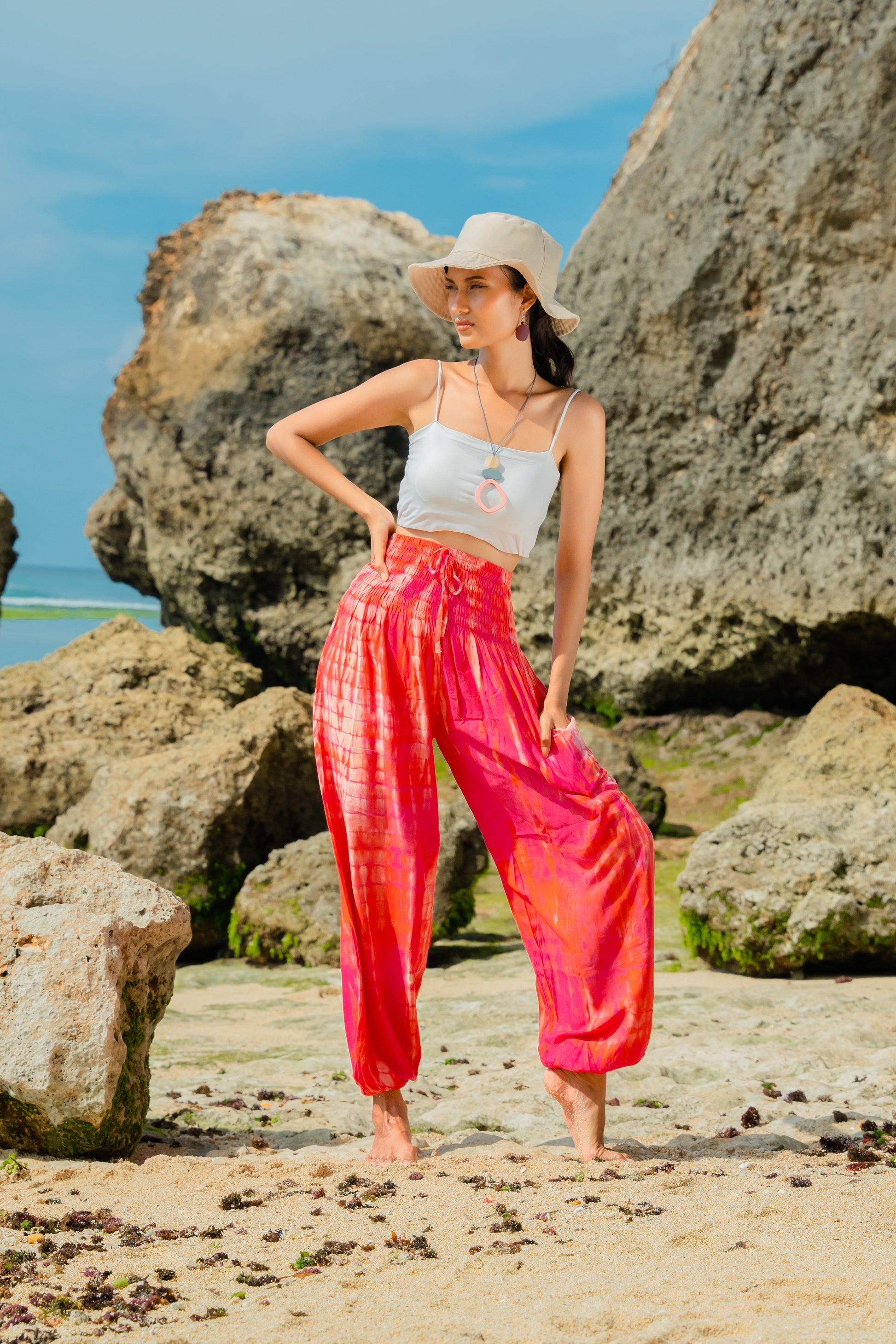 Pink bone tie dye Bali pants side view women's festival trousers for women
