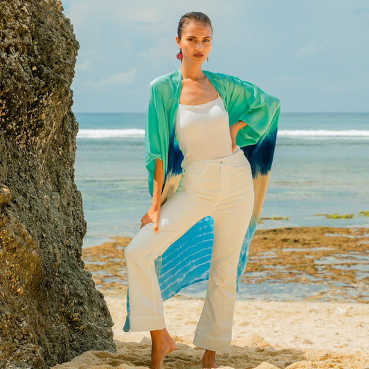 Ombre striped kimono blue tan lightweight summer wrap