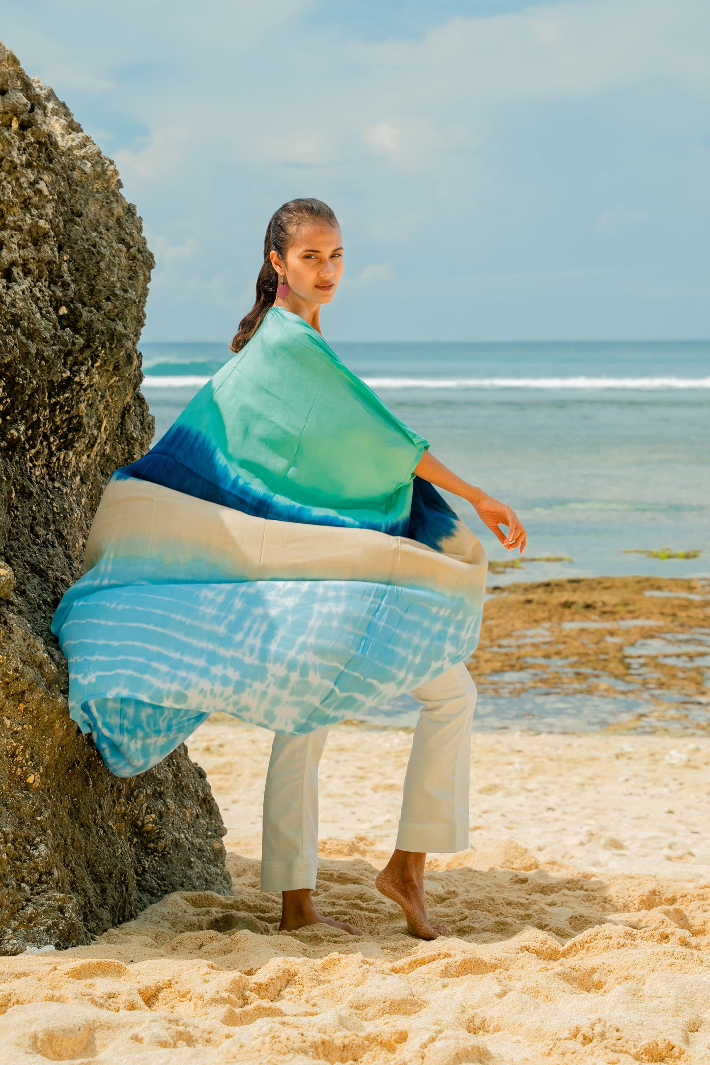 Blue tan ombre kimono open front women's beach coverup