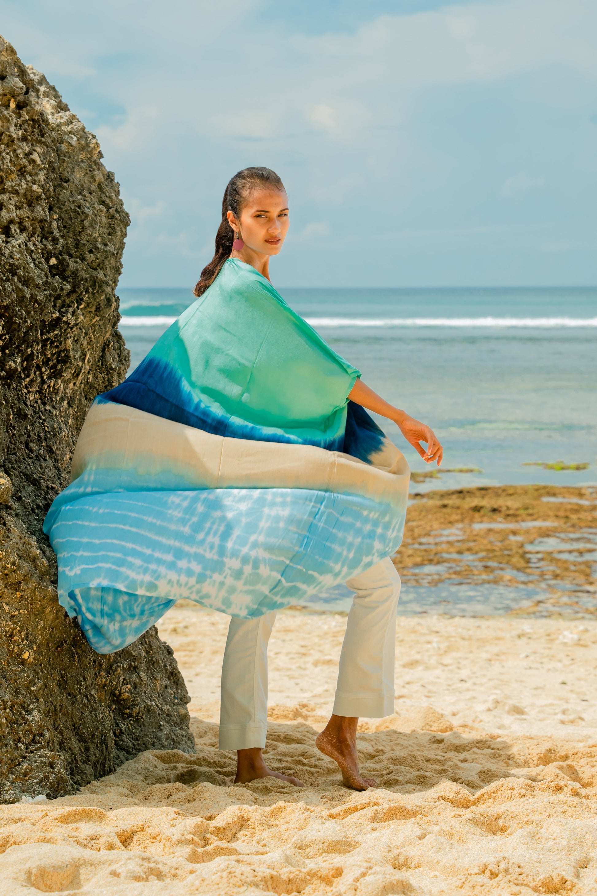 Blue tan ombre kimono open front women's beach coverup