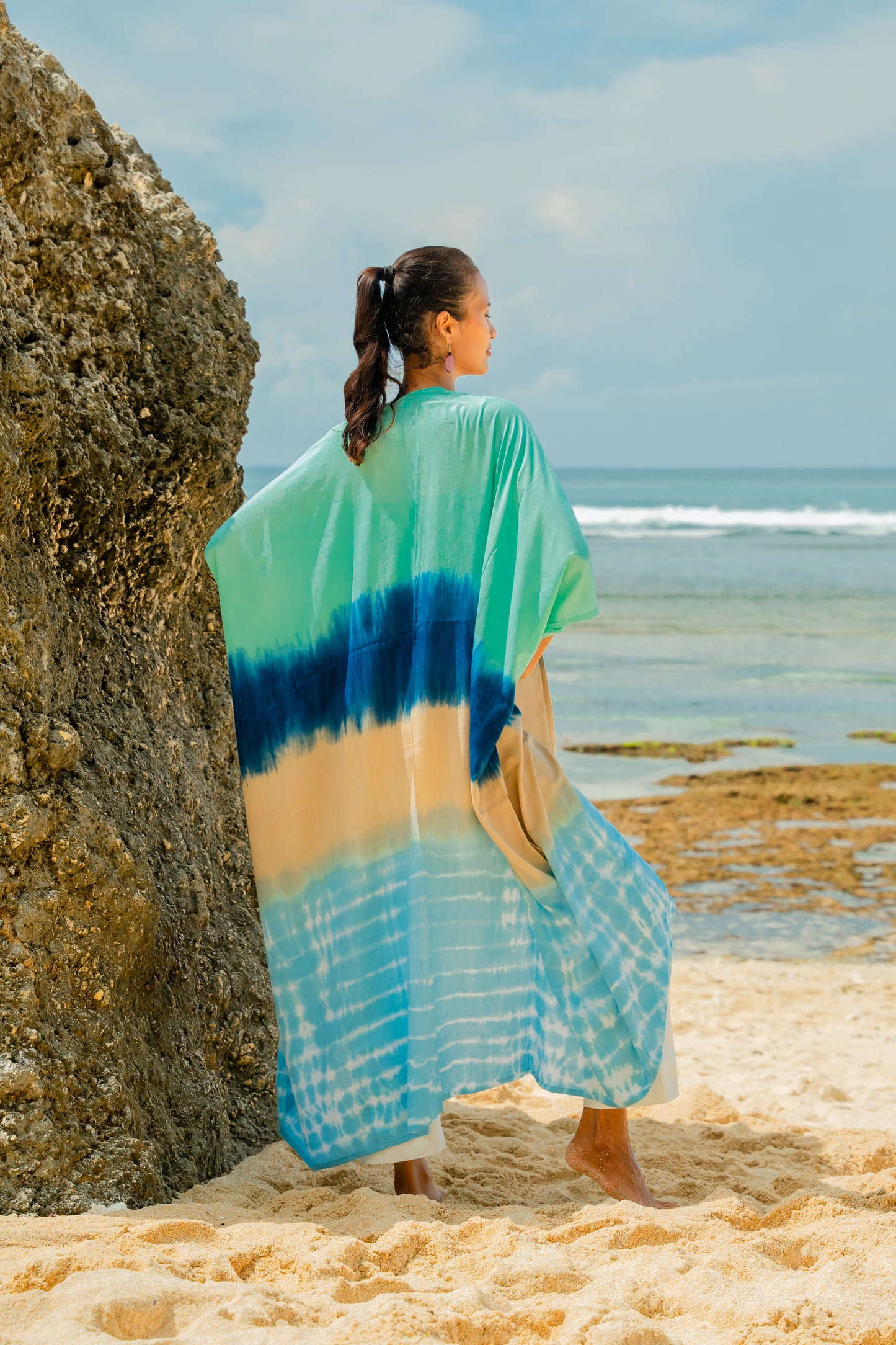 Blue and tan ombre striped kimono Bali handmade boho beach cover up back view