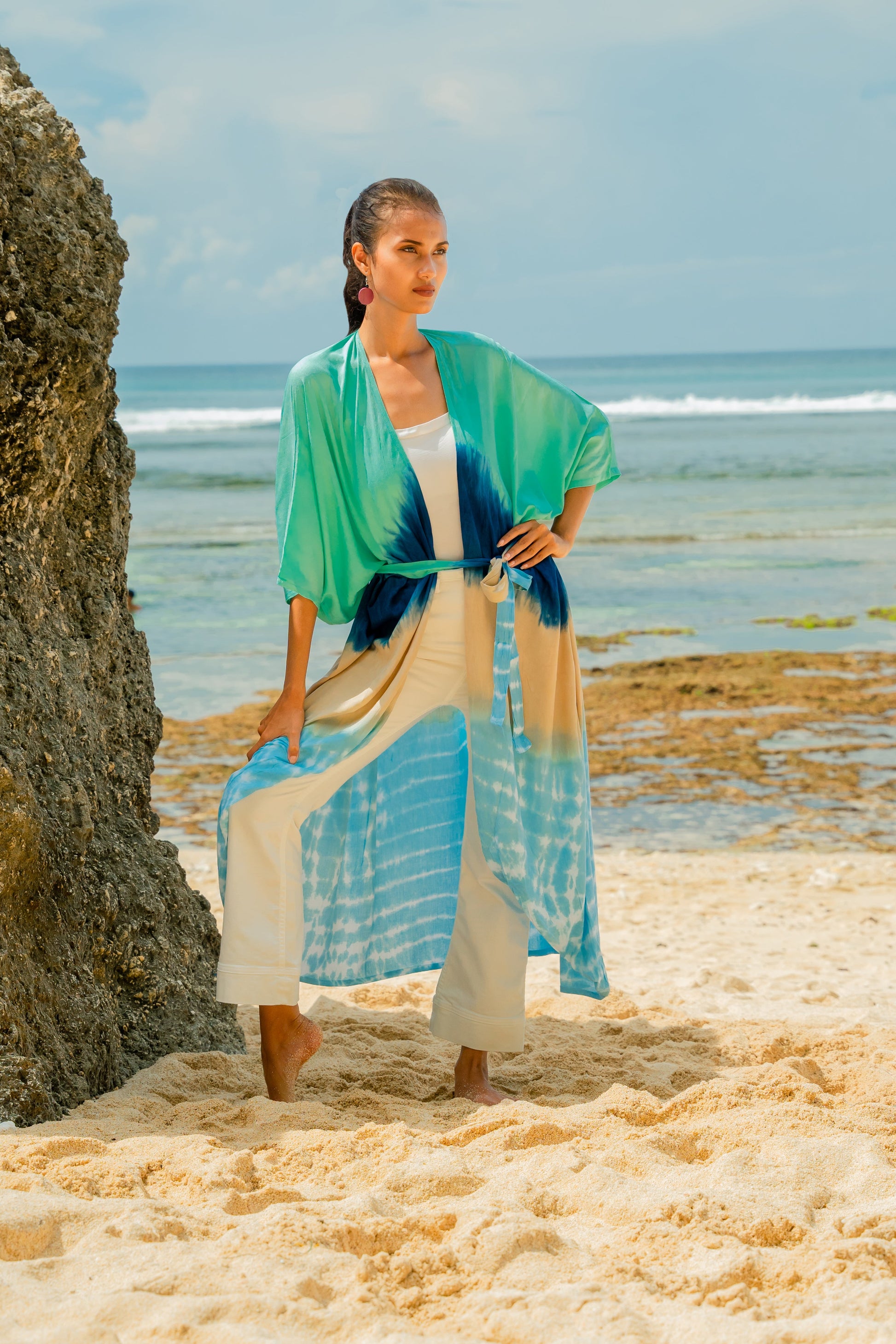 Blue and tan ombre striped kimono Bali handmade boho beach cover up