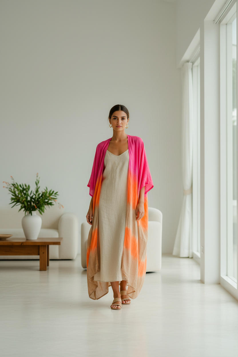 Pink orange ombre kimono styled outfit shot