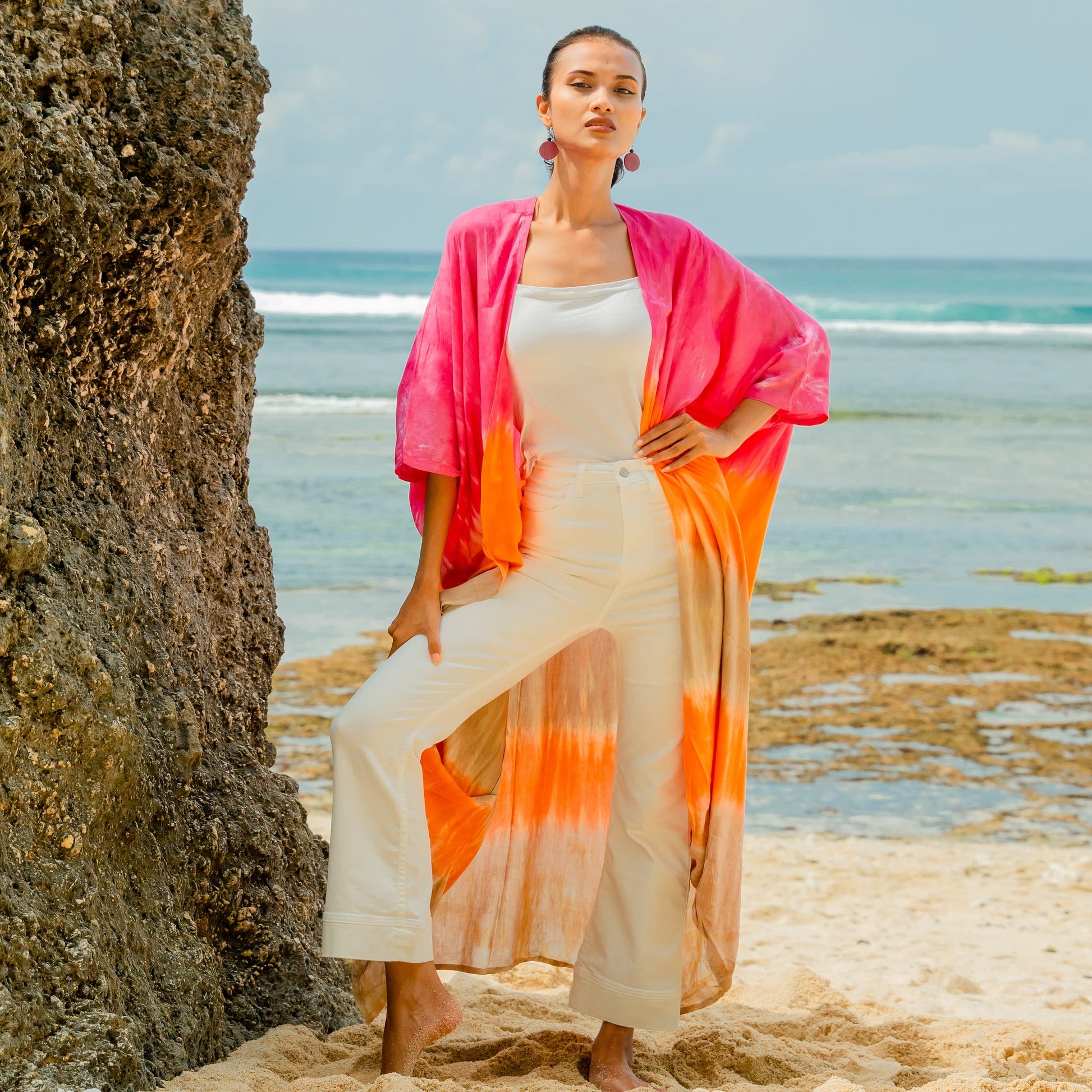 Pink and orange ombre striped kimono Bali handmade boho beach cover up
