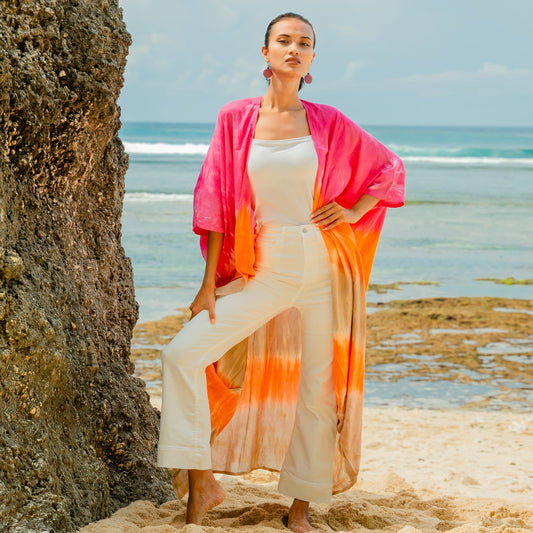 Pink and orange ombre striped kimono Bali handmade boho beach cover up