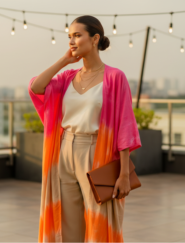 Pink orange ombre kimono styled outfit shot business attire
