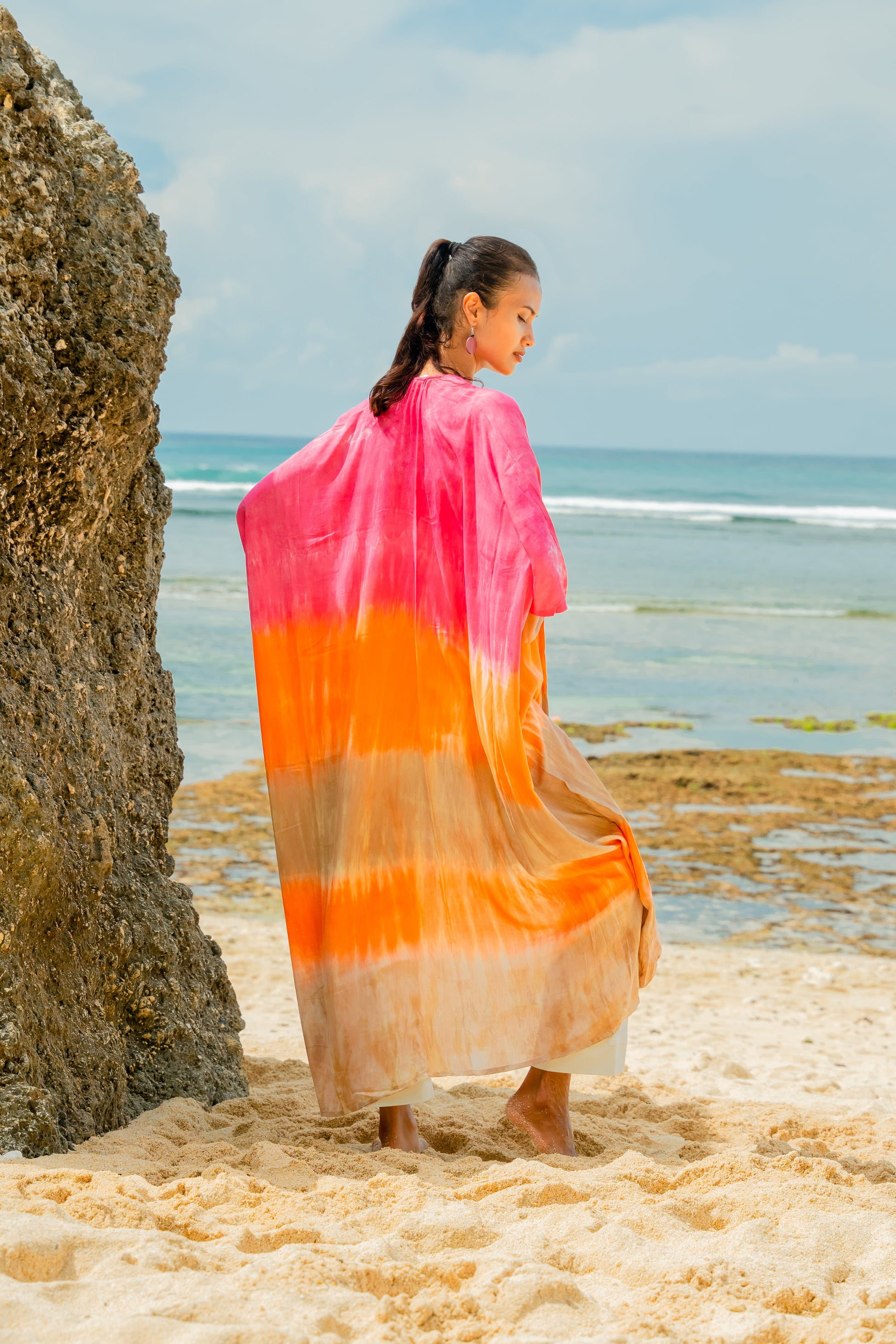 Pink orange ombre kimono open front women's beach coverup back view