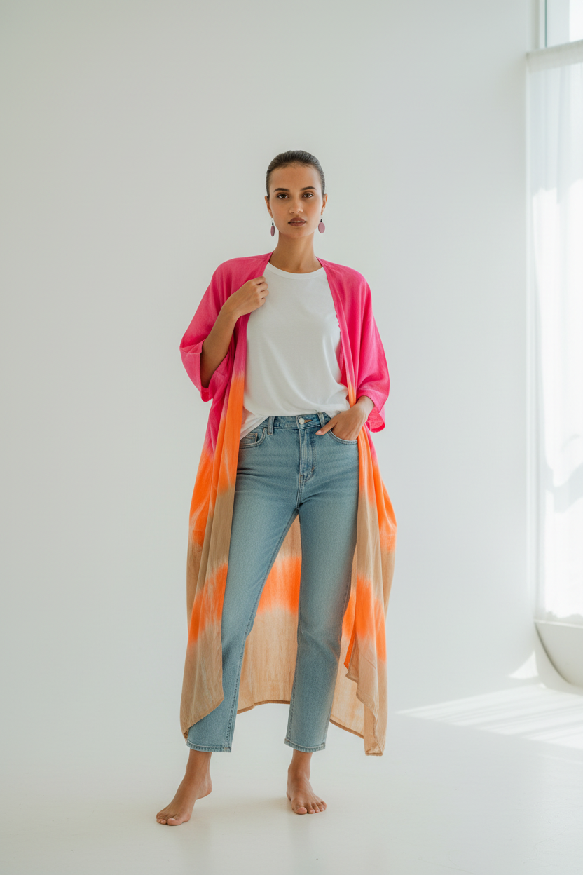 Pink orange ombre kimono styled outfit shot in jeans and a t shirt