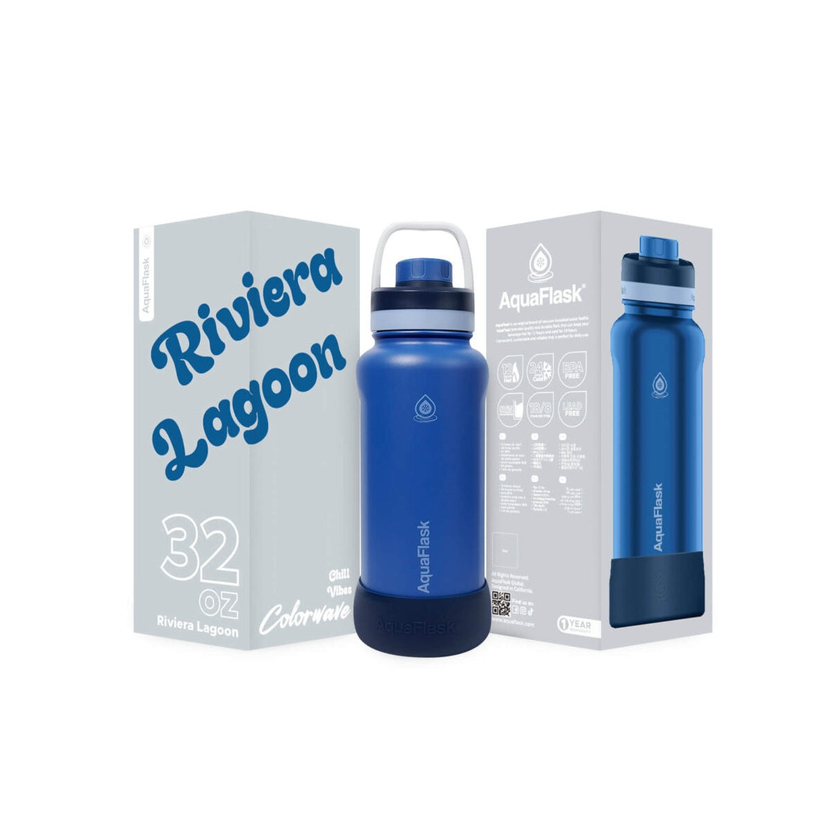blue AquaFlask Colorwave 32oz showing full colour range and design options