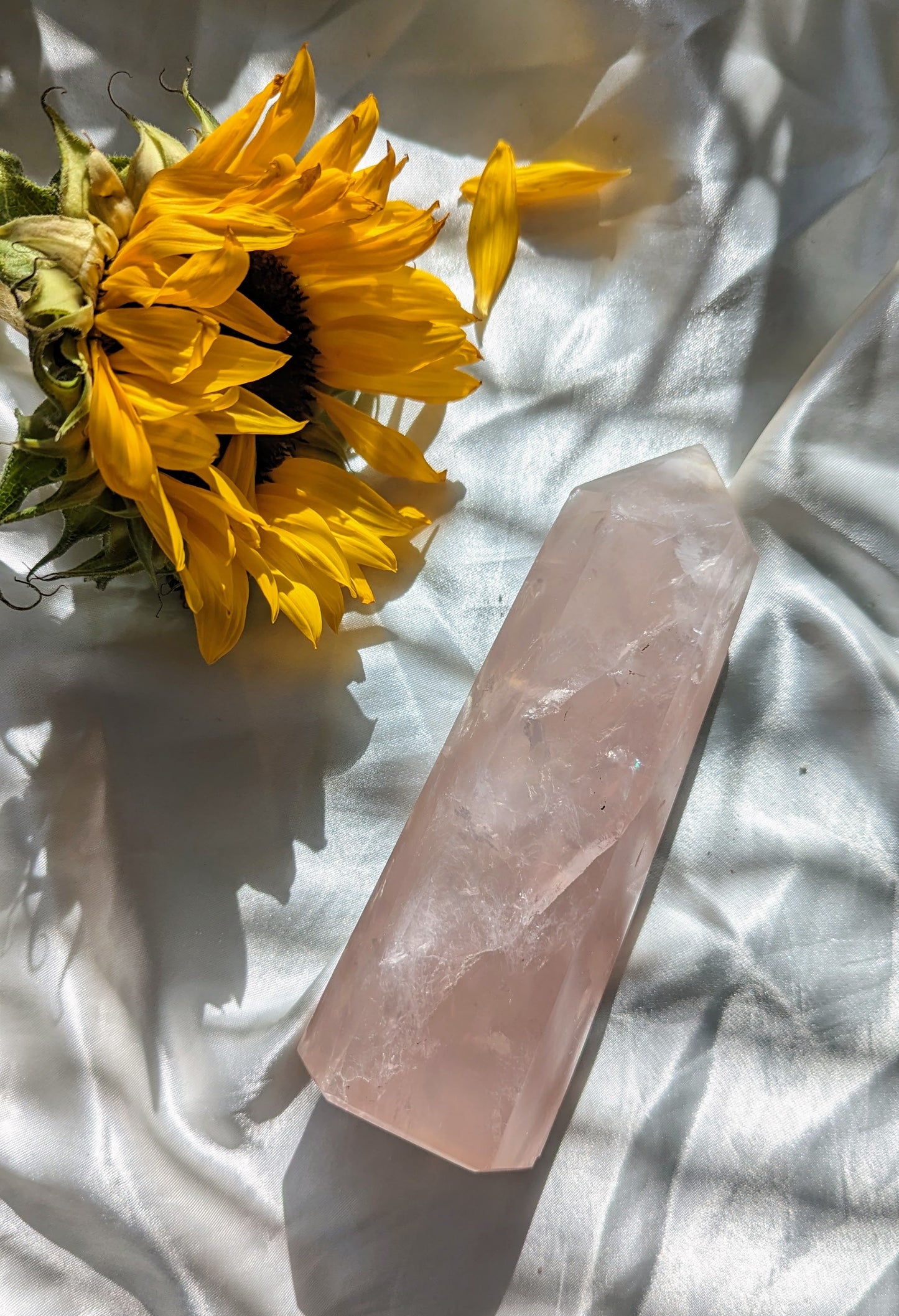 Natural pink rose quartz tower for self-love, emotional healing and heart chakra activation