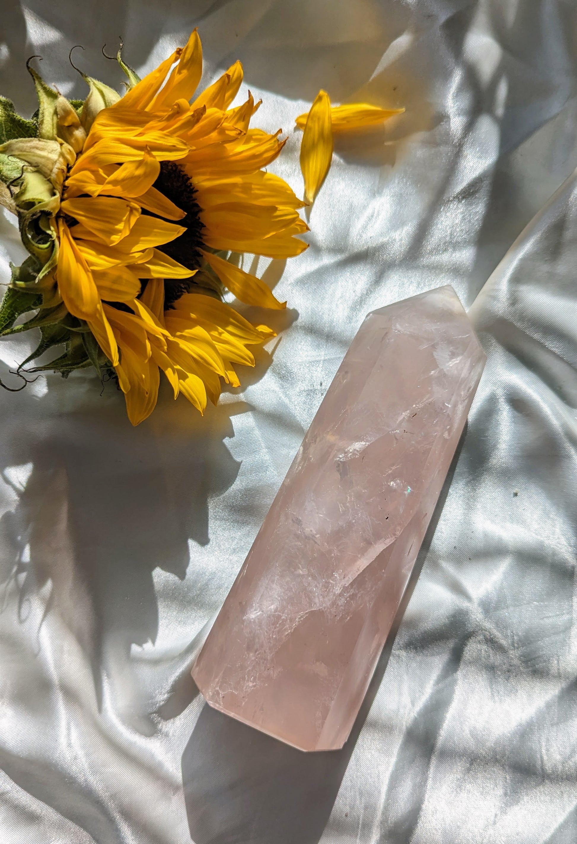 Natural pink rose quartz tower for self-love, emotional healing and heart chakra activation
